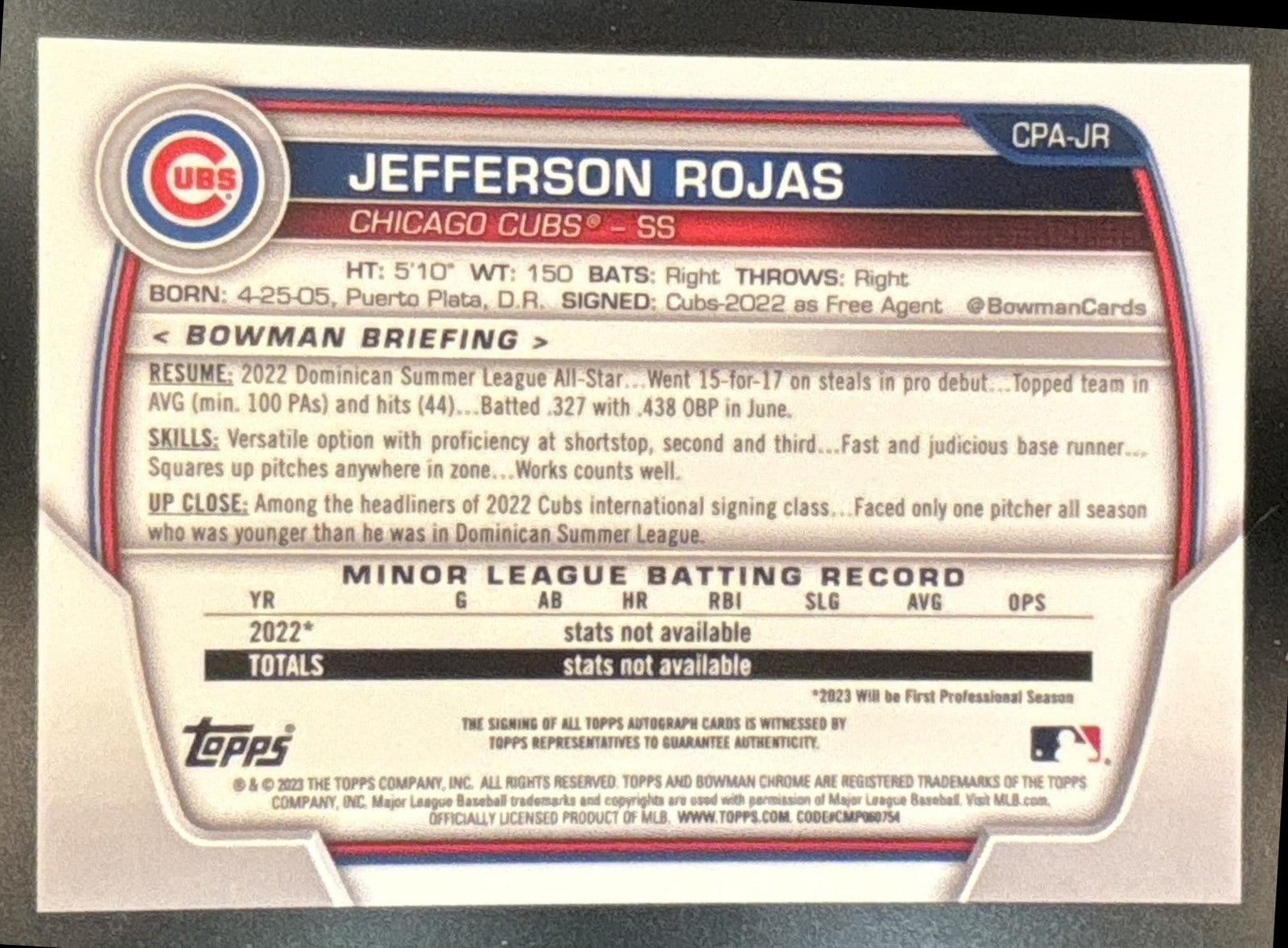 2023 Bowman Jefferson Rojas Chrome Auto Purple /250 1st Prospect Chicago Cubs