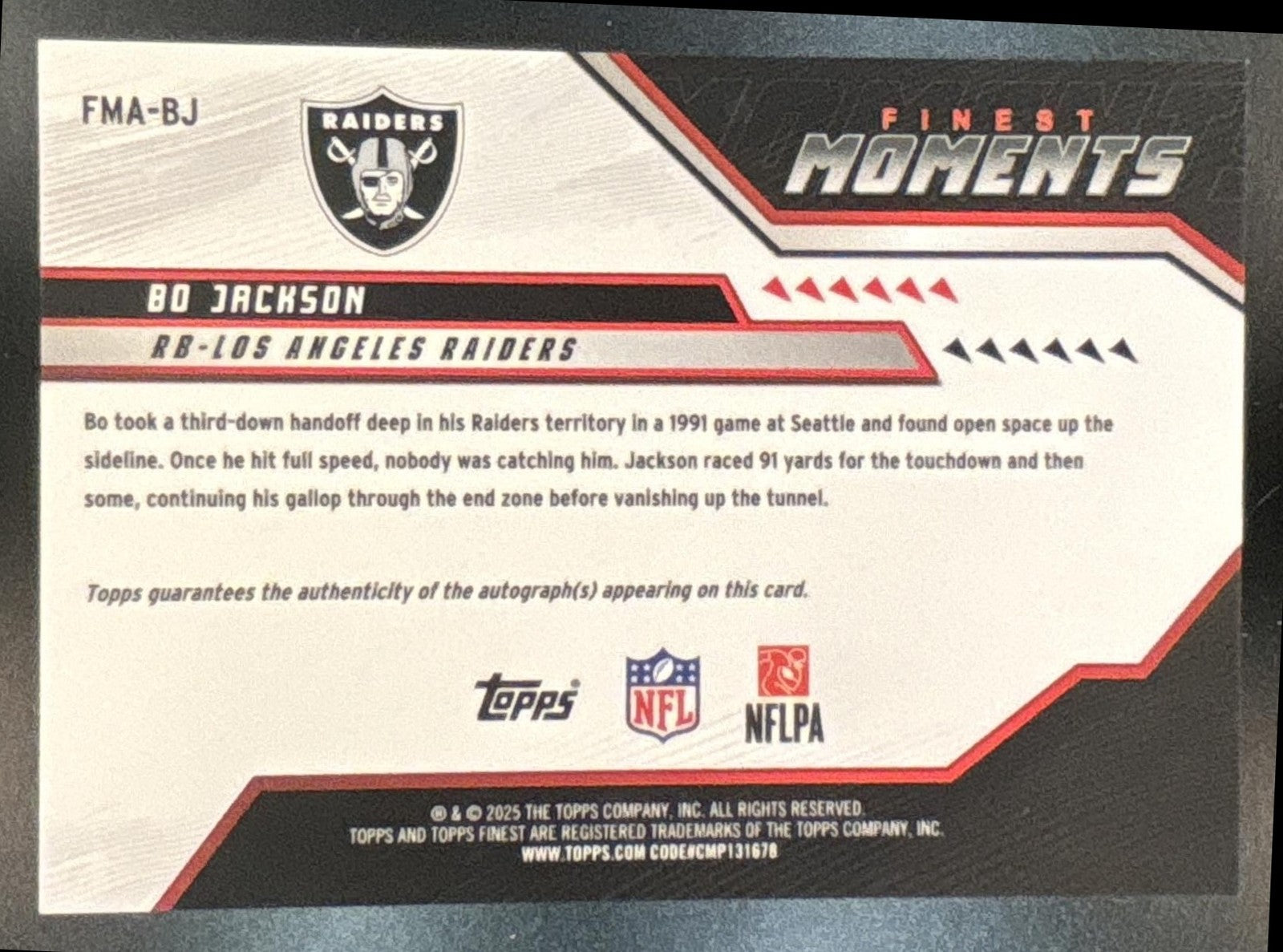 2025 Topps Finest Bo Jackson Finest Moments Auto Orange 1/25 Book End Raiders