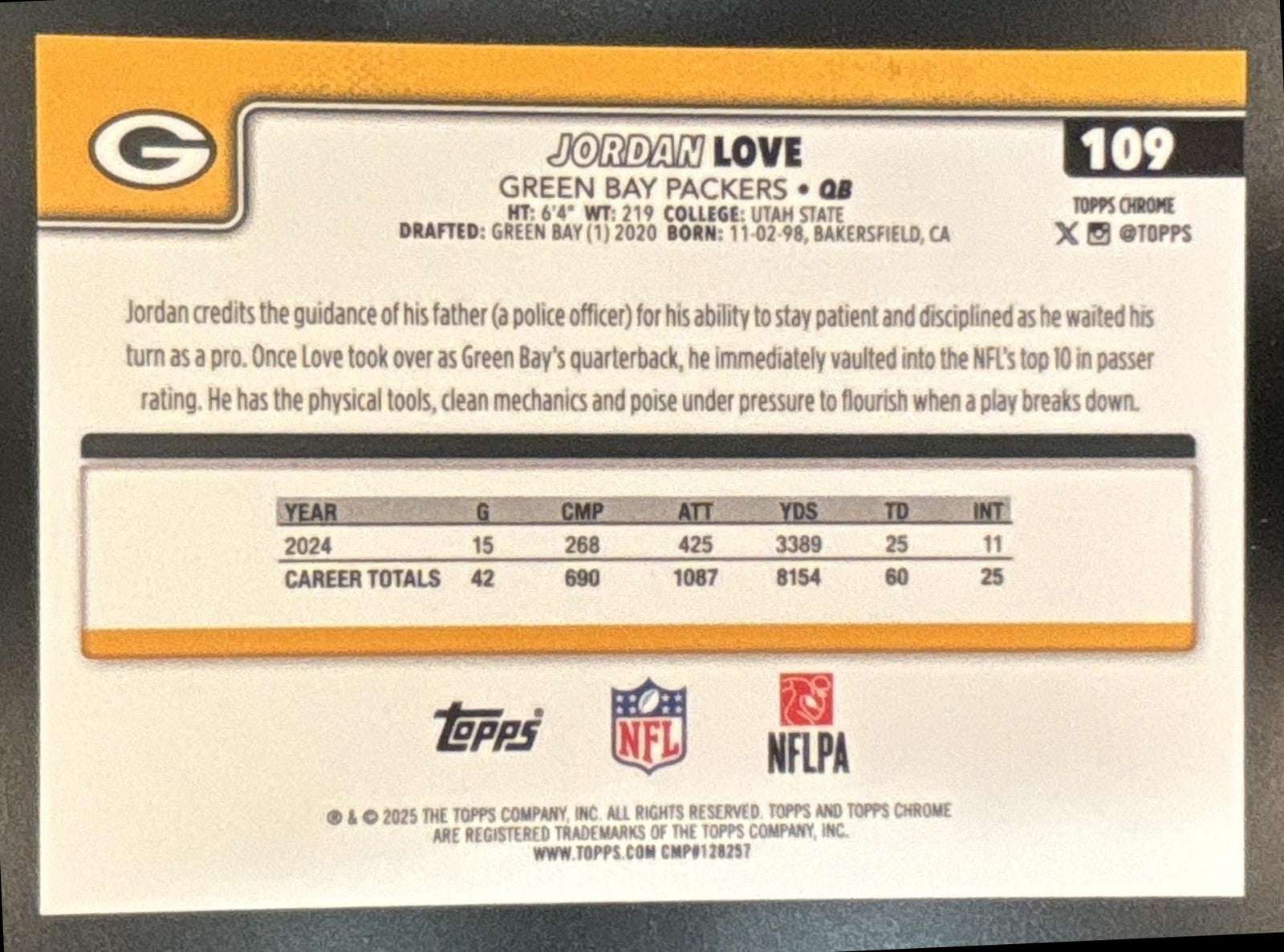 2025 Topps Chrome Jordan Love Gold Refractor /50 #109 Green Bay Packers
