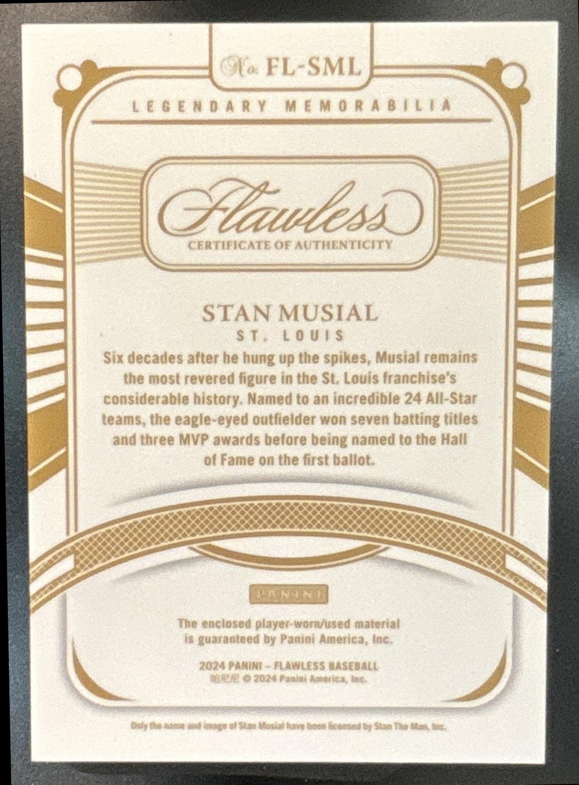 2024 Panini Flawless Stan Musial Legendary Memorabilia Platinum 1/1 MEM