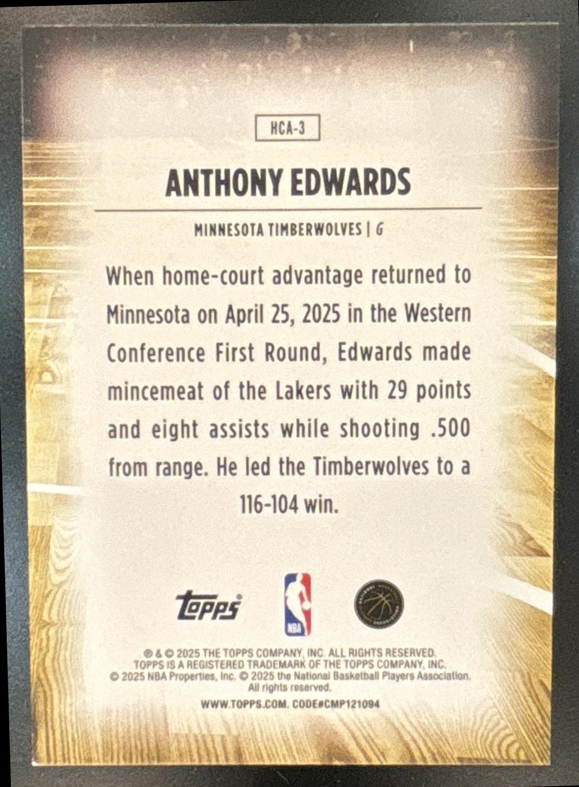 2025-26 Topps Anthony Edwards Home Court Advantage #HCA-3 Minnesota Timberwolves