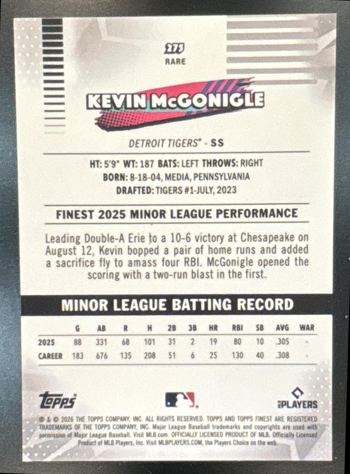 2026 Topps Finest Kevin McGonigle Rare Yellow /275 #275 RC Detroit Tigers