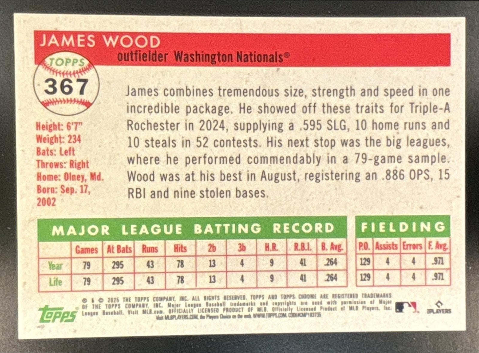 2025 Topps Chrome Platinum Anniversary James Wood Orange Vibrations /25 #367 RC
