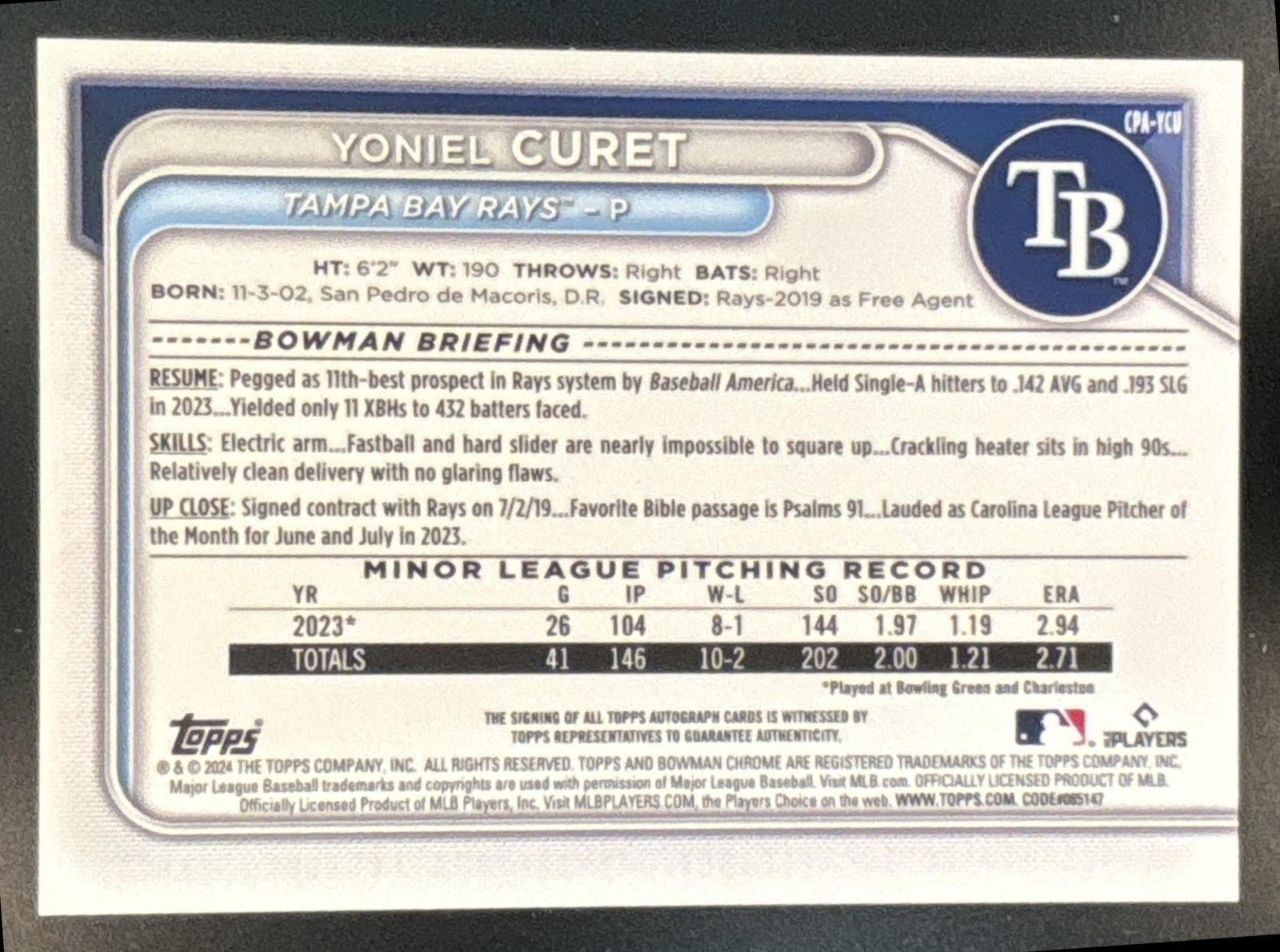 2024 Bowman Chrome Yoniel Curet Auto Orange Lava /25 1st Prospect Tampa Bay Rays