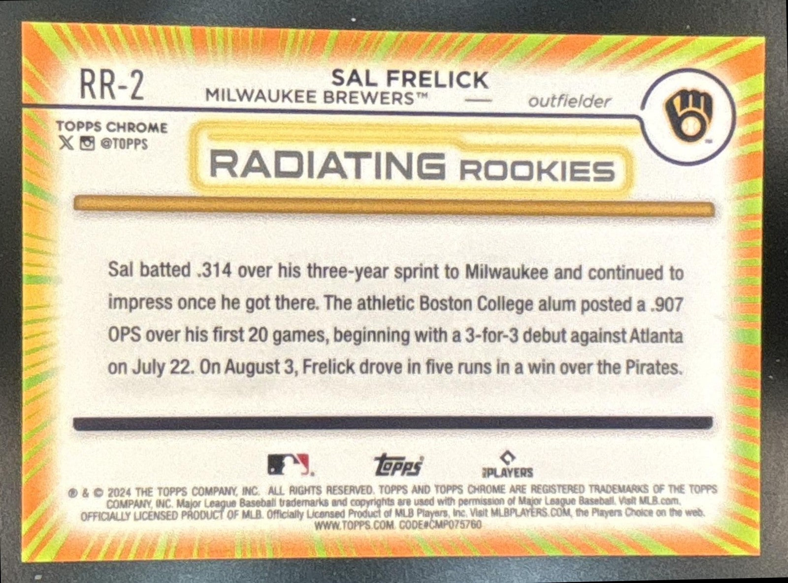2024 Topps Chrome Sal Frelick Radiating Rookies #RR-2 RC Milwaukee Brewers