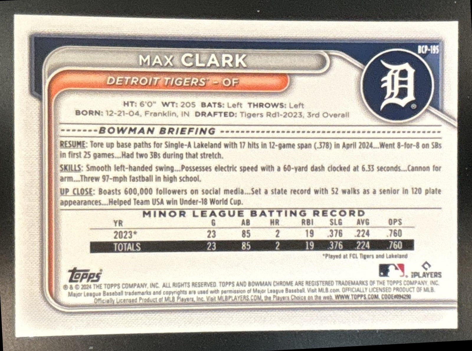 2024 Bowman Chrome Max Clark Prospects Mega Box Gold Mojo /50 #BCP-195 Tigers