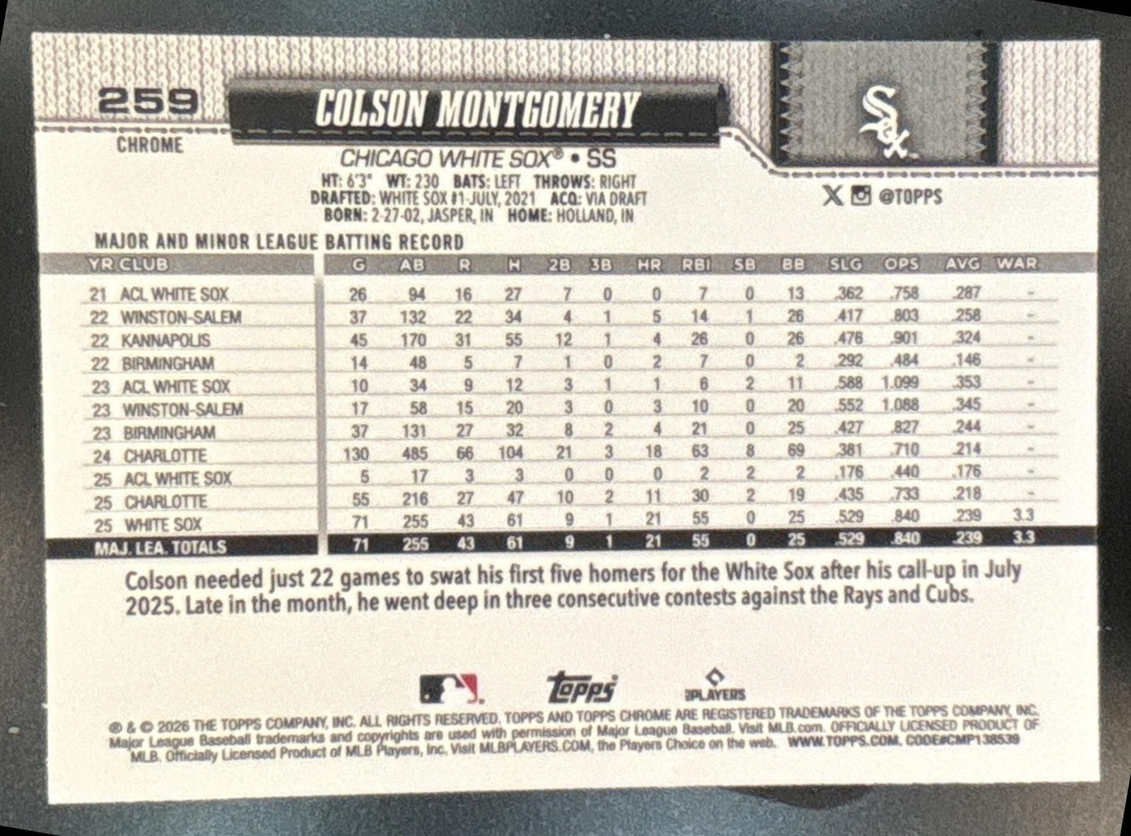 2026 Topps Chrome Colson Montgomery Negative Refractor #259 RC Chicago White Sox