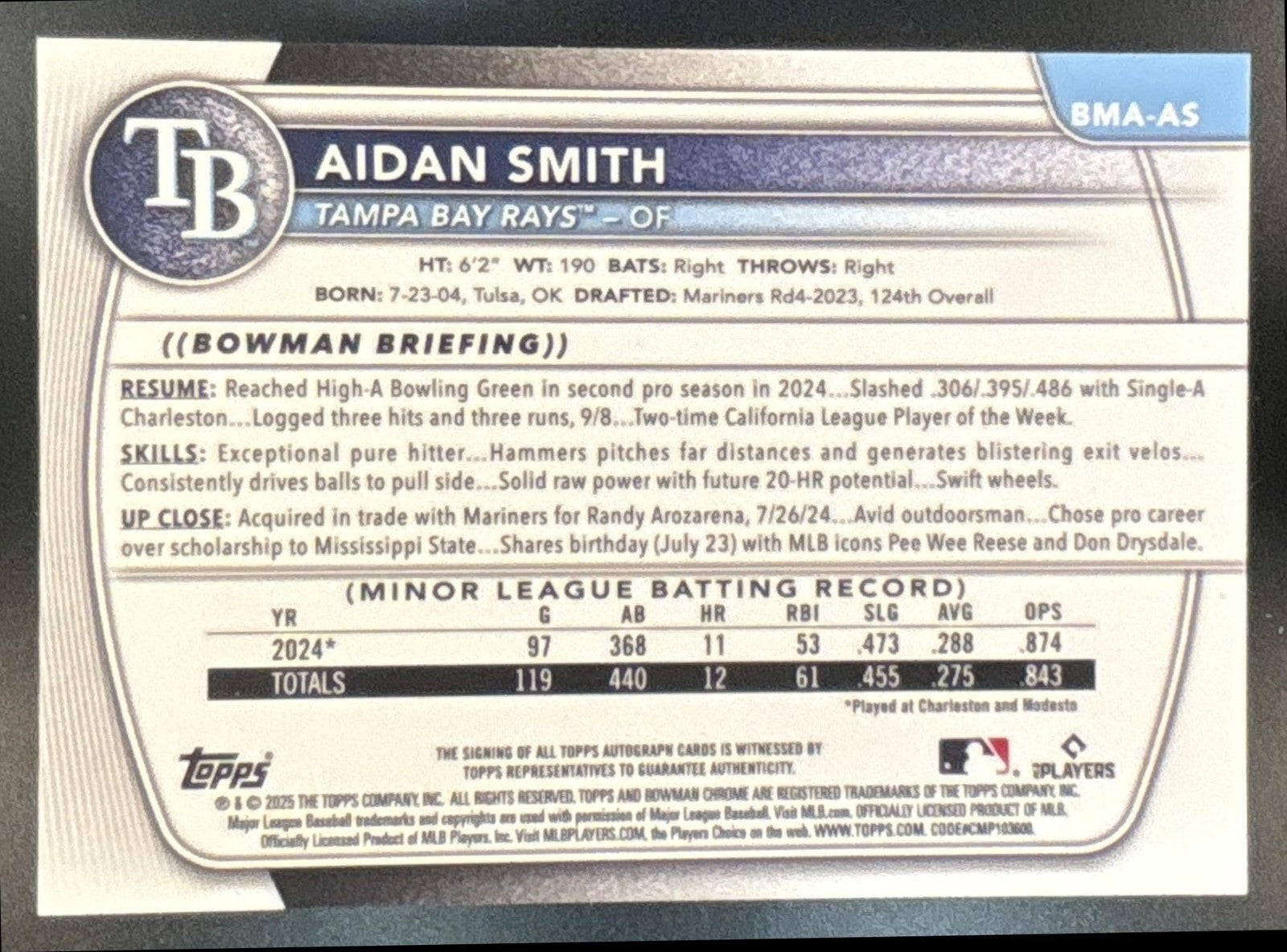 2025 Bowman Chrome Mega Box Aidan Smith Prospect Auto Black Mojo /10 Rays