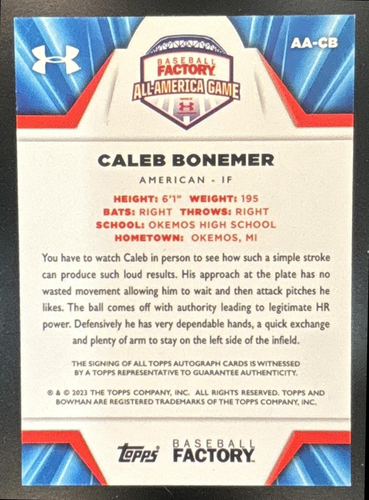 2024 Bowman Draft Caleb Bonemer Under Armour Game Auto /199 Chicago White Sox