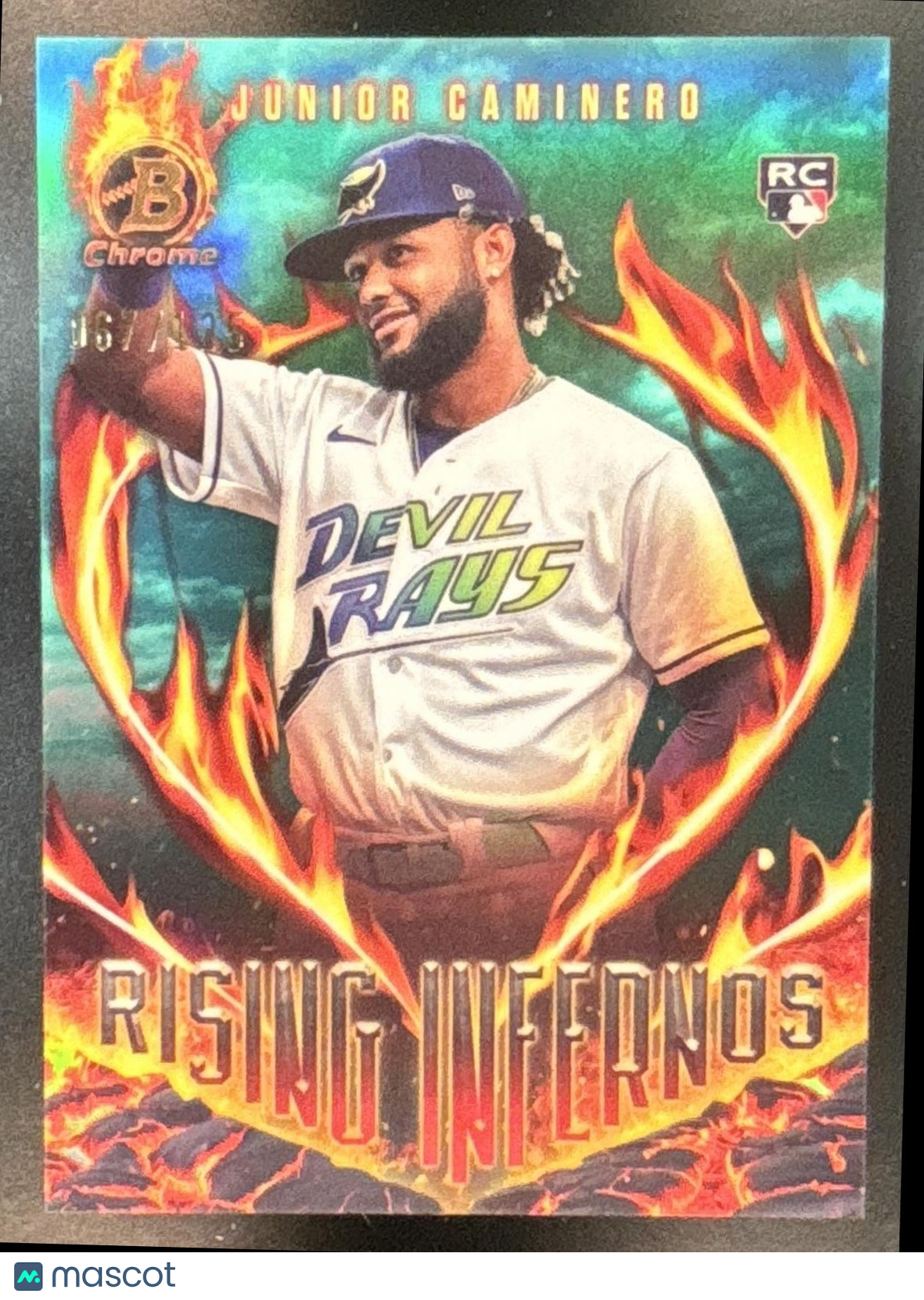 2024 Bowman Junior Caminero Rising Infernos Chrome Aqua /125 RC Tampa Bay Rays