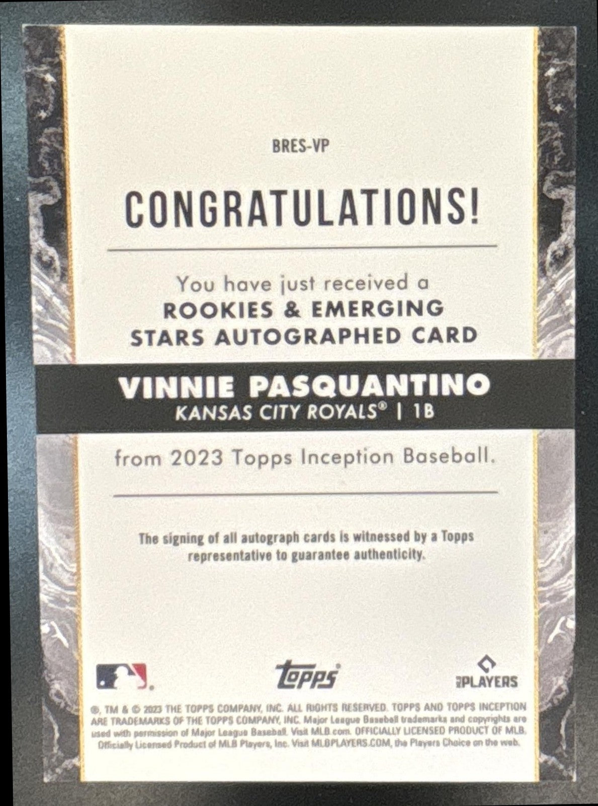 2023 Topps Inception Vinnie Pasquantino Rookie & Emerging Stars Auto /99 RC