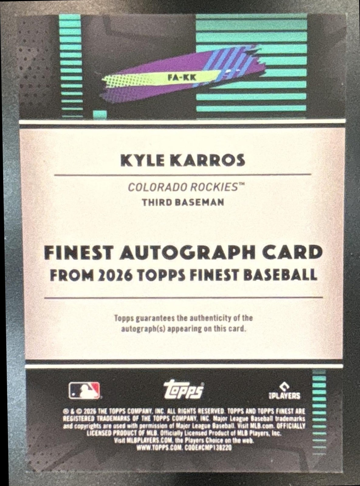 2026 Topps Finest Kyle Karros Auto Green Refractor /99 RC Colorado Rockies