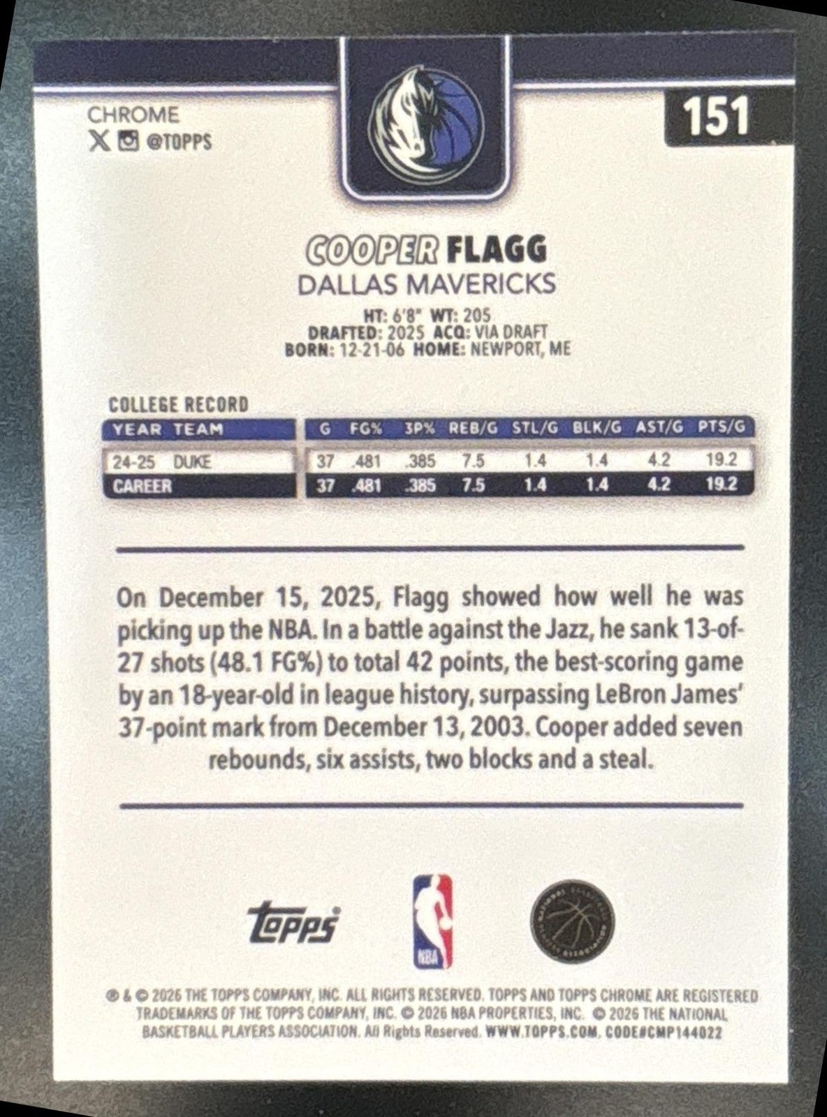 2025-26 Topps Chrome Update Cooper Flagg X-Fractor #151 RC Dallas Mavericks