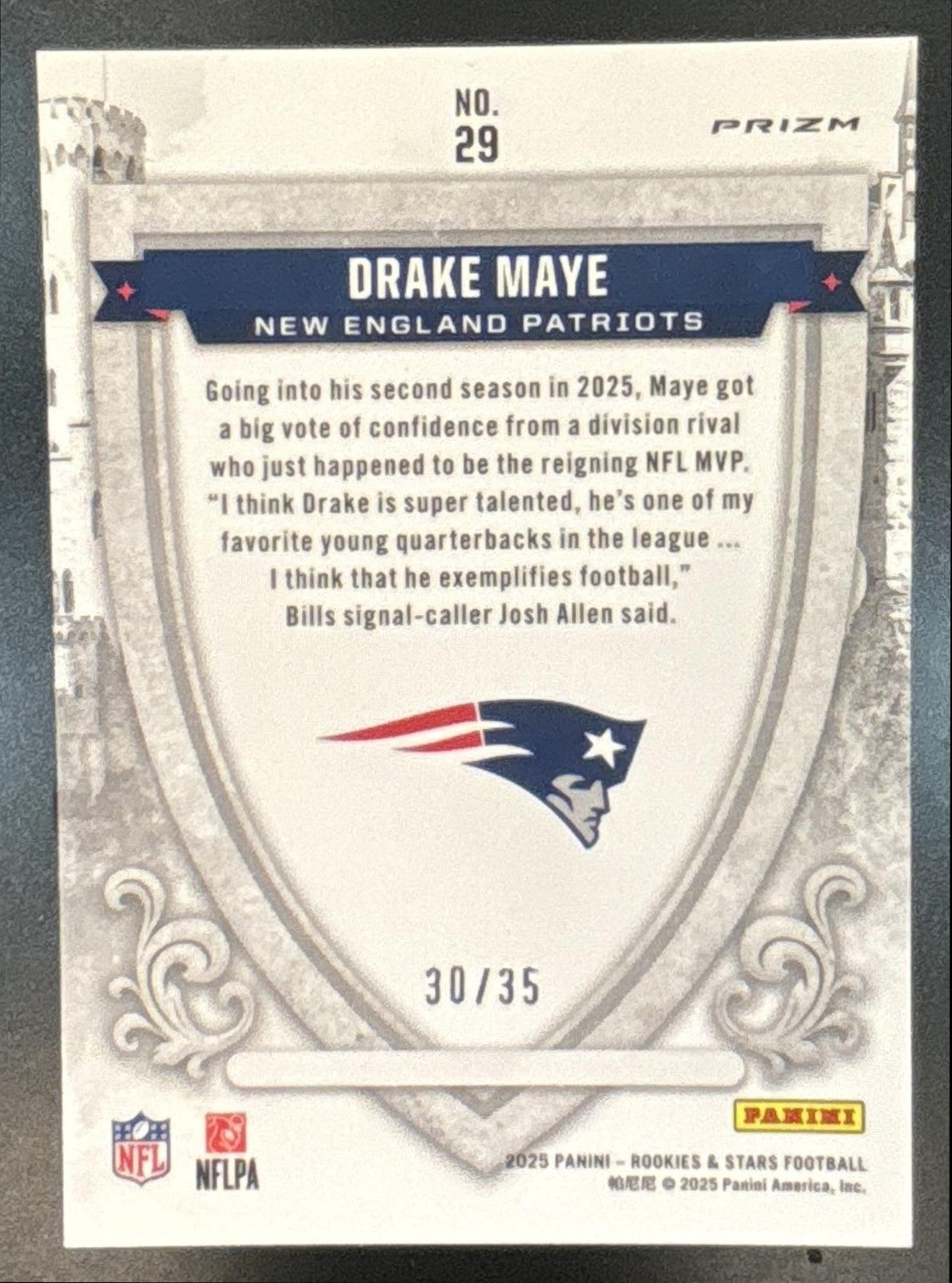 2025 Rookies & Stars Drake Maye Crusade Purple /35 #29 New England Patriots