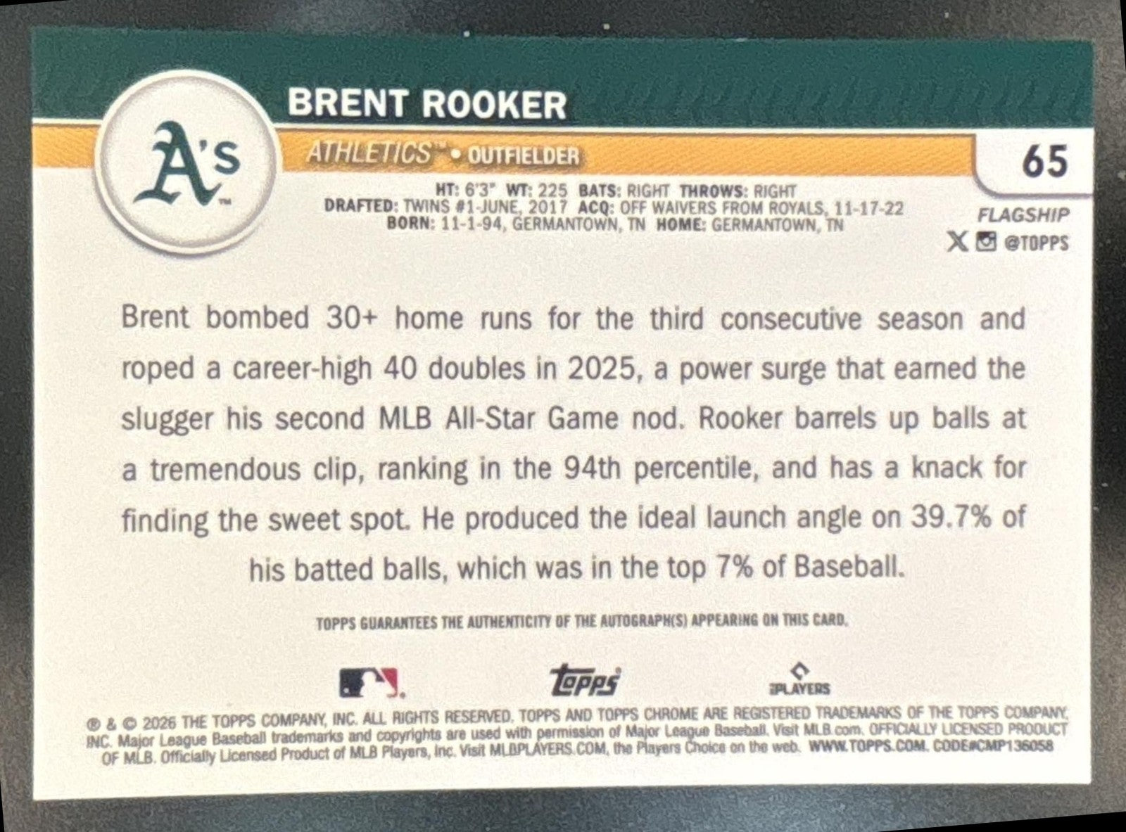 2026 Topps Chrome Collection Brent Rooker Auto /25 #65 Athletics