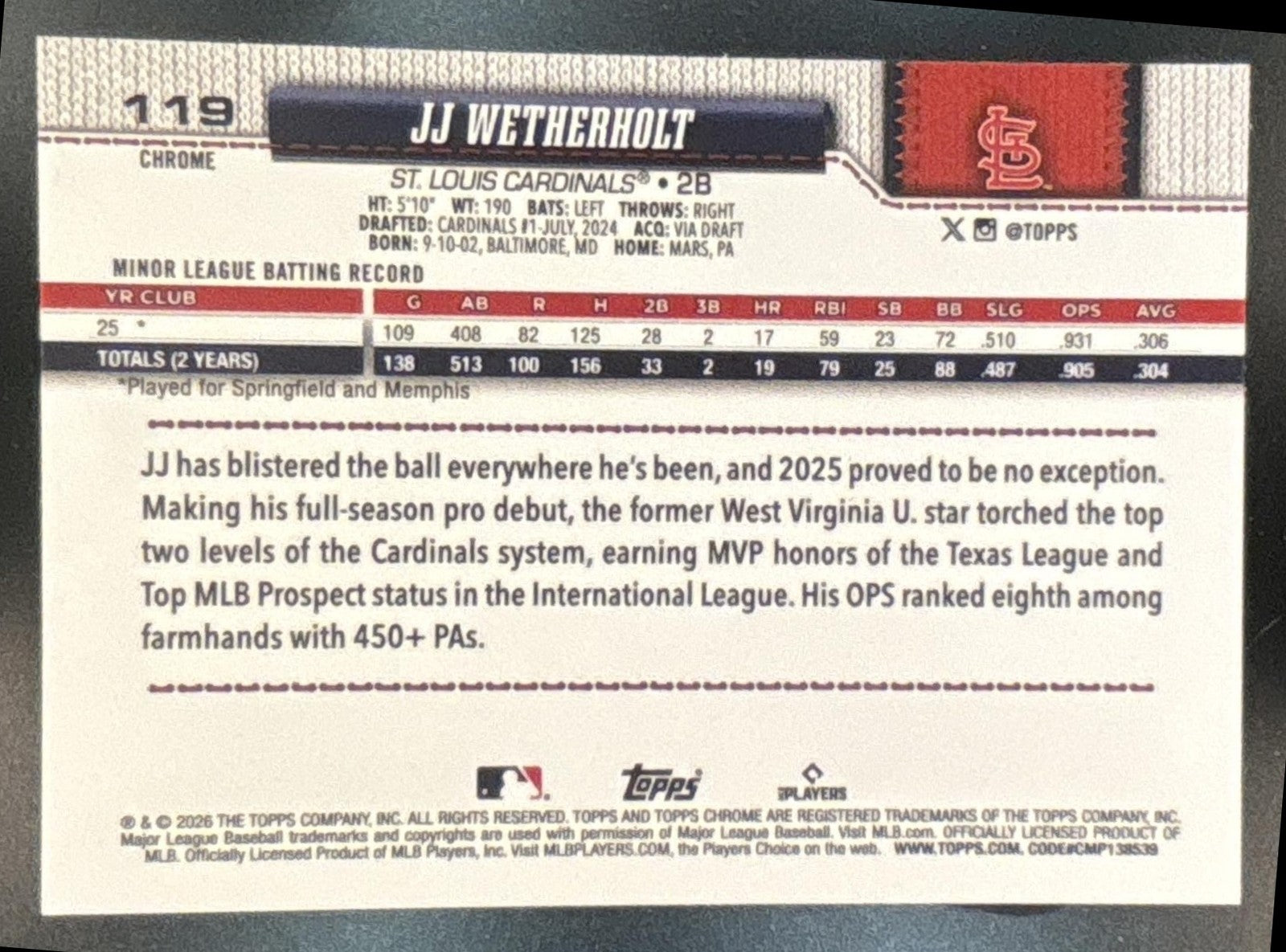2026 Topps Chrome JJ Wetherholt Aqua Refractor /199 #119 RC St. Louis Cardinals