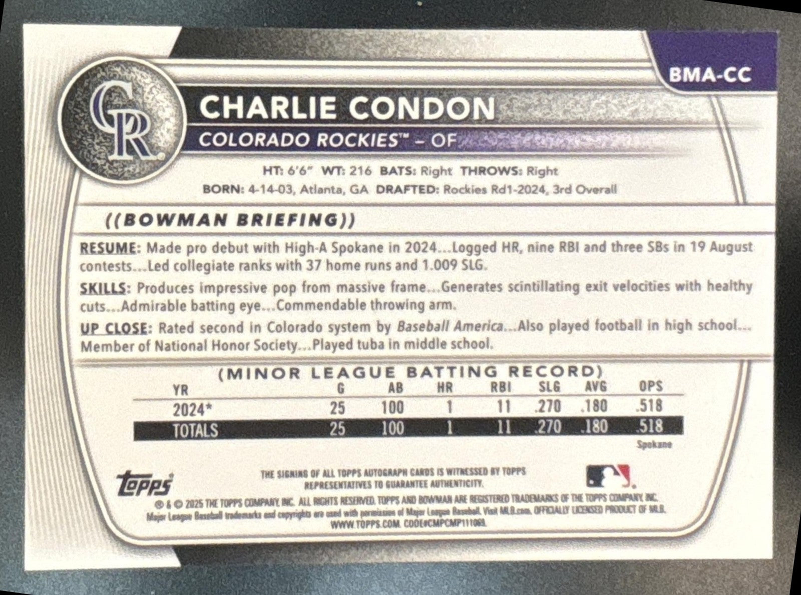 2025 Bowman Charlie Condon Chrome Auto Mega Box Purple /199 1st Prospect Rockies