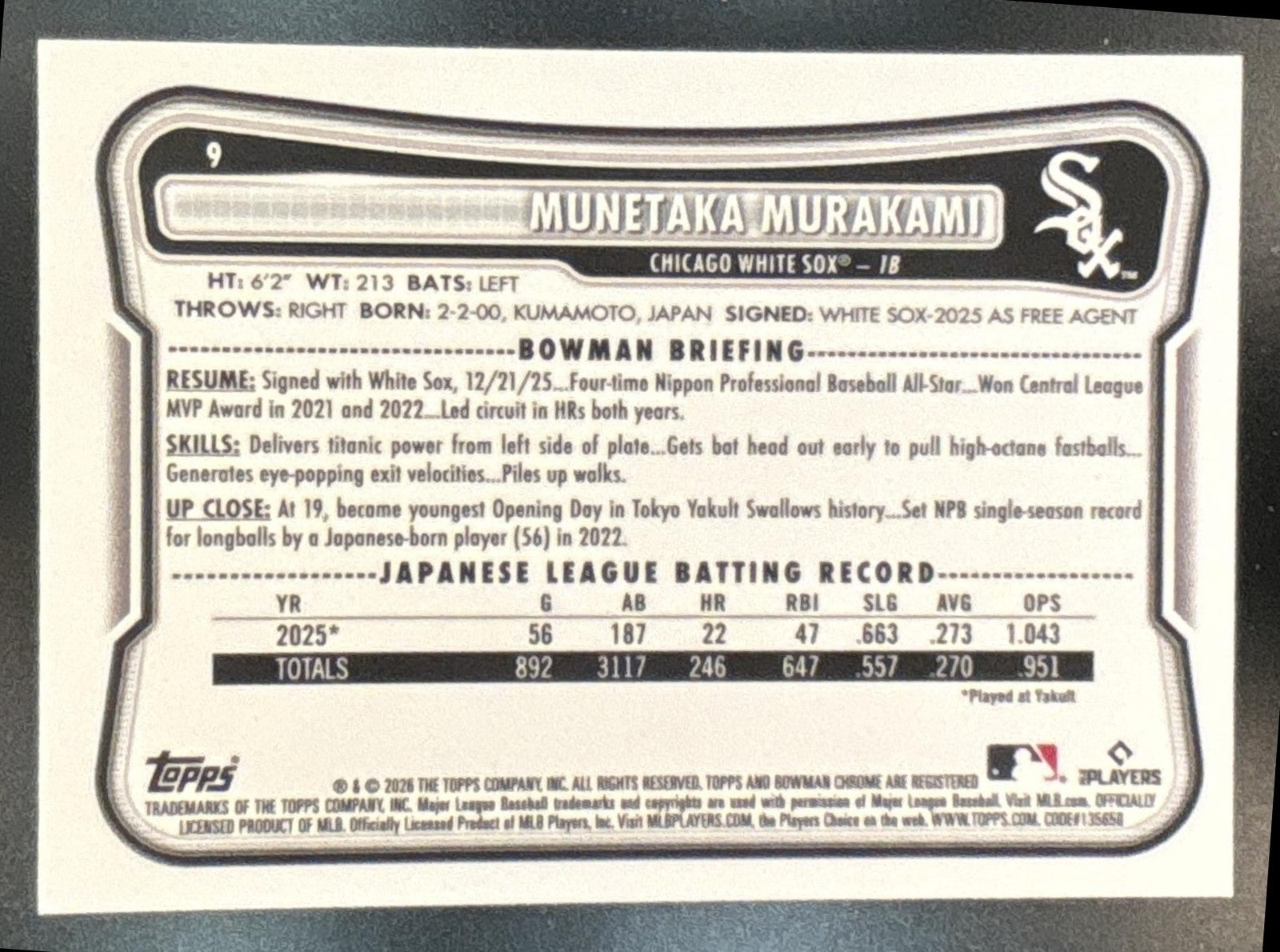 2026 Bowman Munetaka Murakami Chrome Rookie Red RC Variation Chicago White Sox
