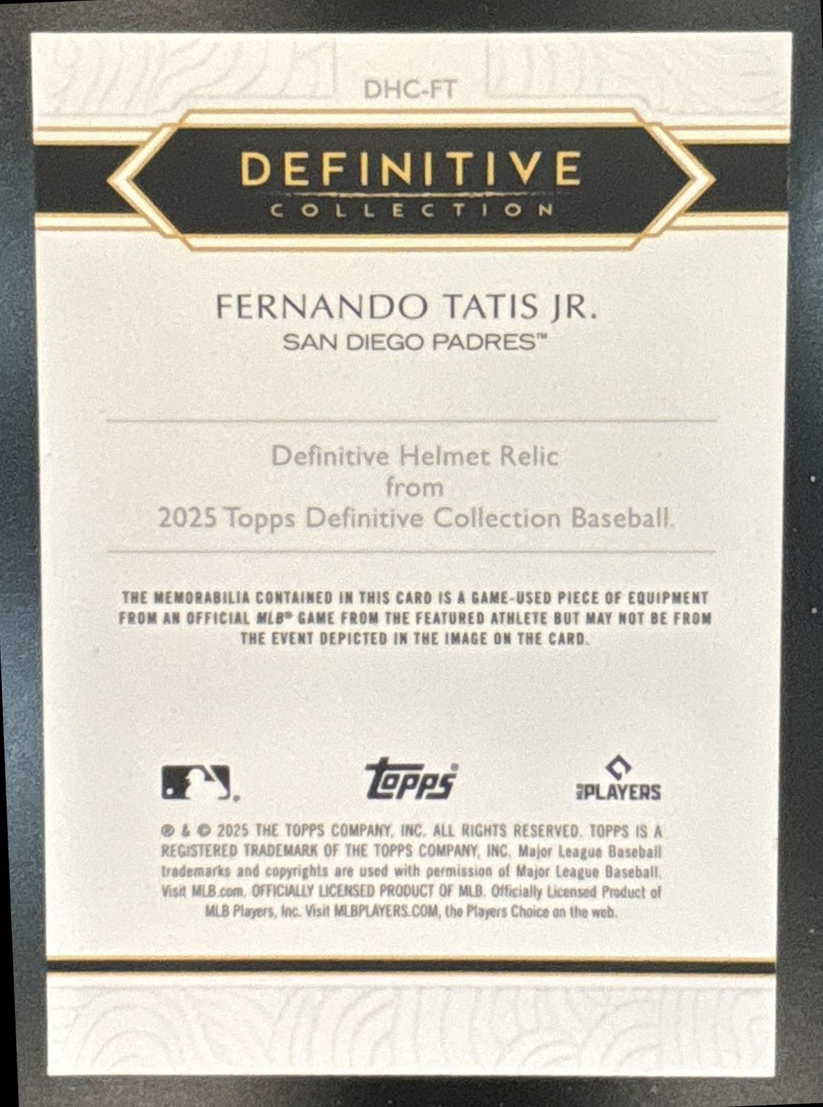 2025 Topps Definitive Collection Fernando Tatis Jr. Helmet /25 MEM Padres