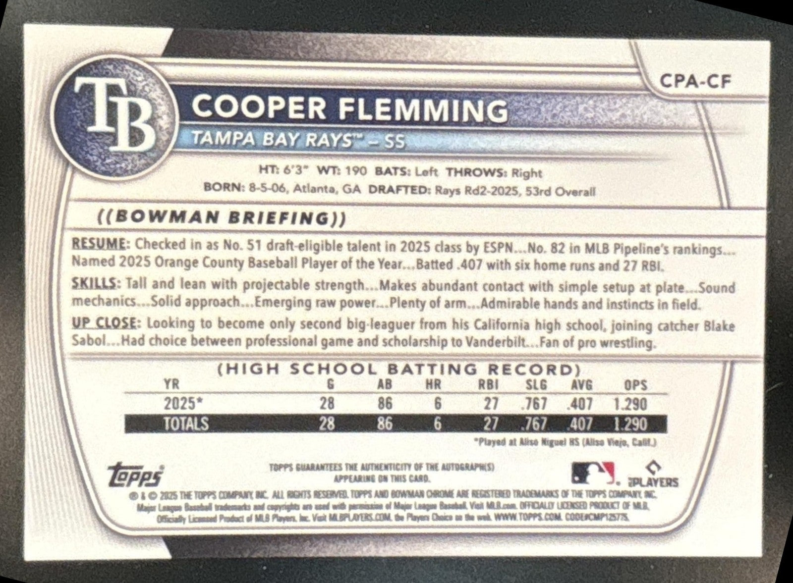 2025 Bowman Draft Cooper Flemming Chrome Auto 1st Prospect Tampa Bay Rays