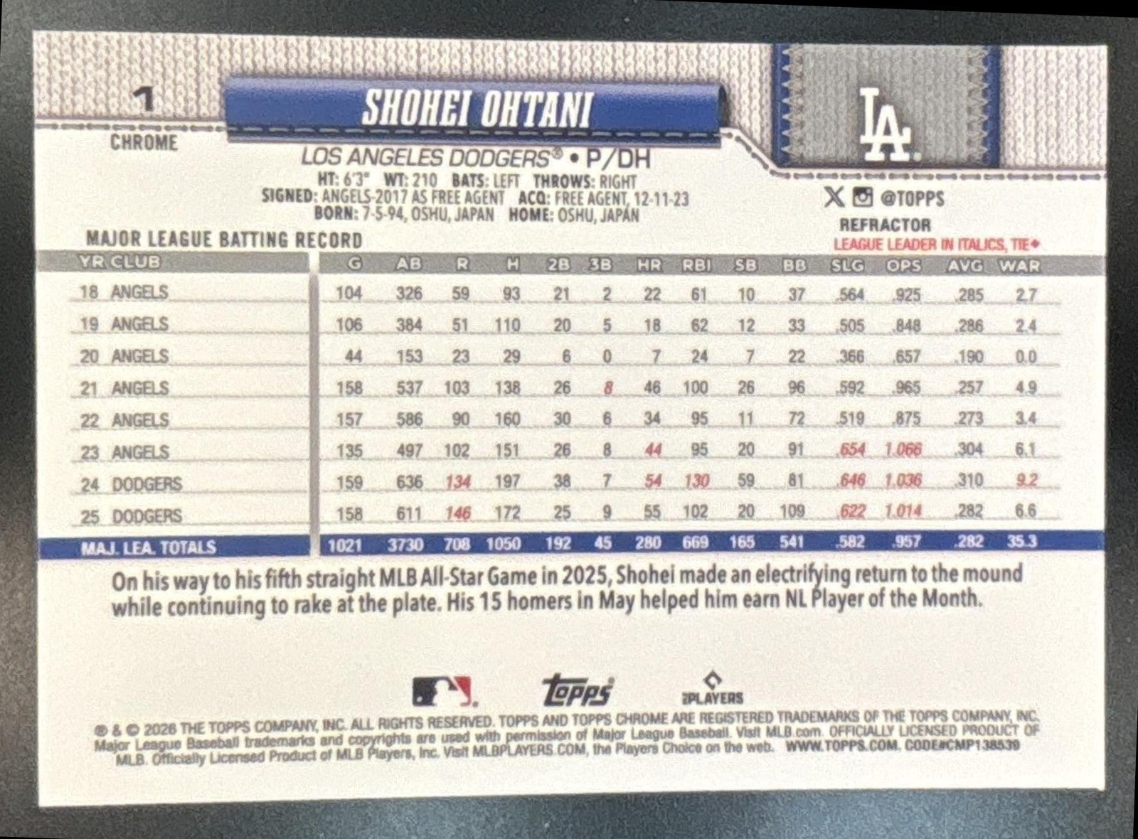 2026 Topps Chrome Shohei Ohtani Refractor #1 Los Angeles Dodgers