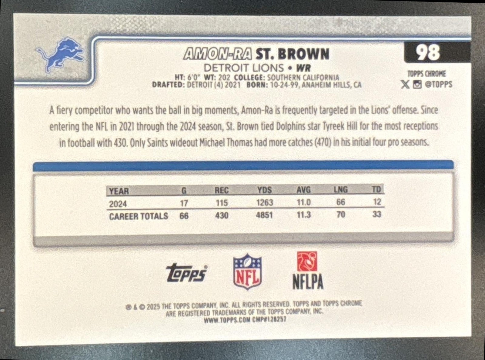2025 Topps Chrome Amon-Ra St. Brown White Refractor /30 #98 Detroit Lions