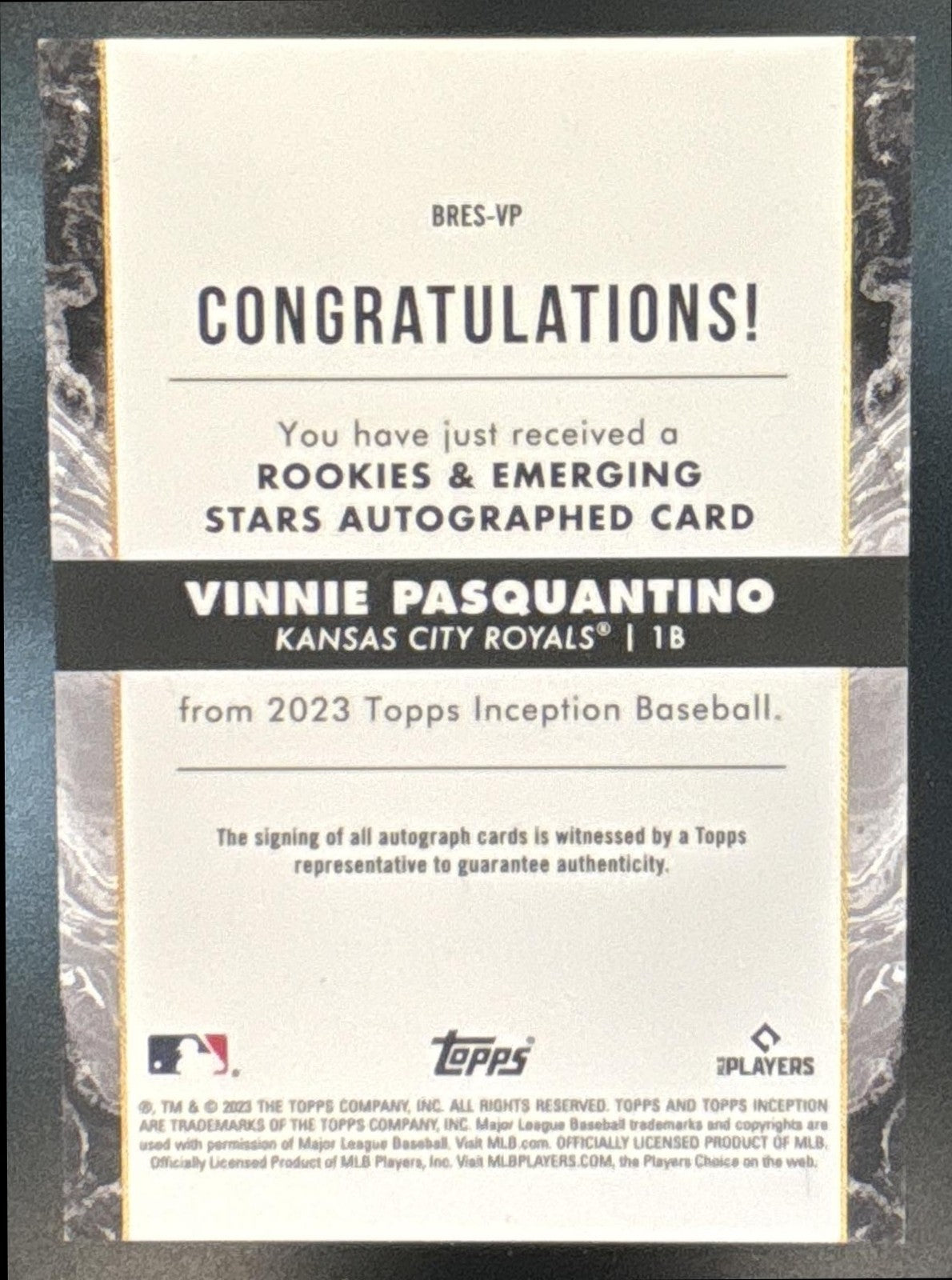 2023 Topps Inception Vinnie Pasquantino Rookie & Emerging Stars Auto /125 RC