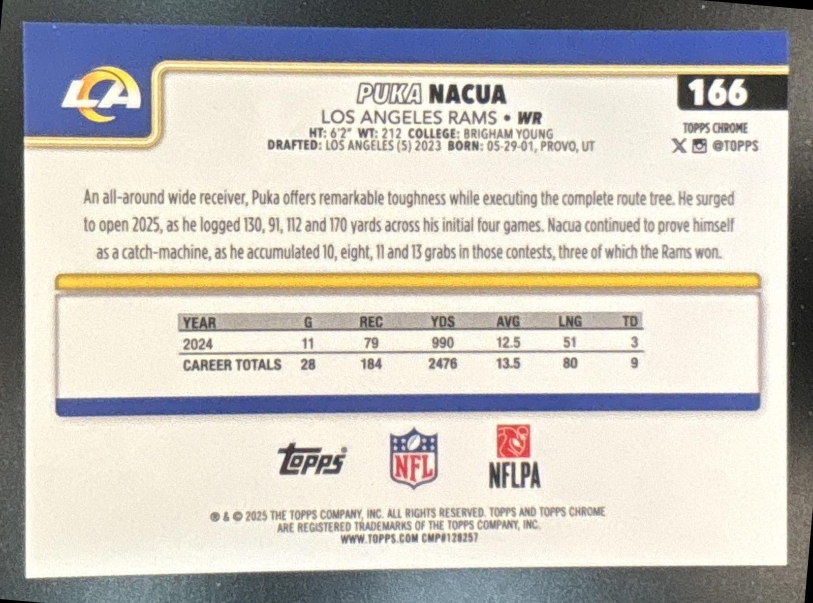 2025 Topps Chrome Puka Nacua Orange Glitter #166 SSP Los Angeles Rams