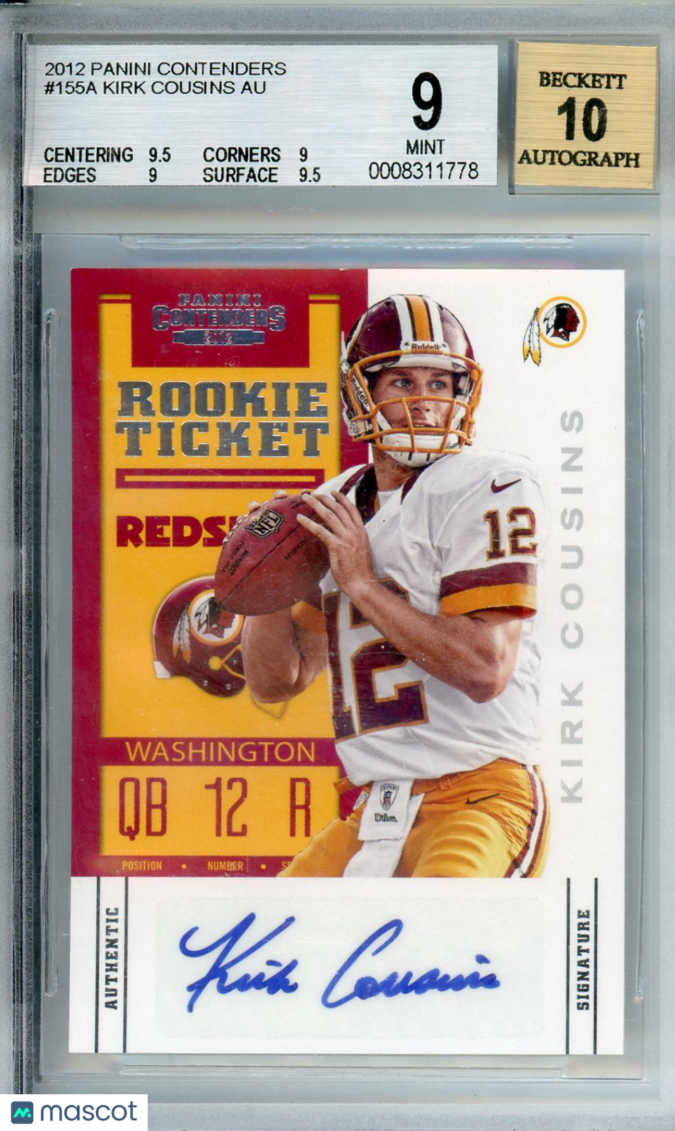 2012 Panini Contenders Kirk Cousins Rookie #155A BGS 9 AUTO 10 Washington