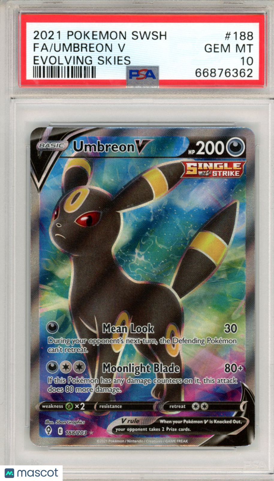 2021 Pokemon Sword & Shield Evolving Skies Umbreon V #188 Evolving Skies Fa PSA 10