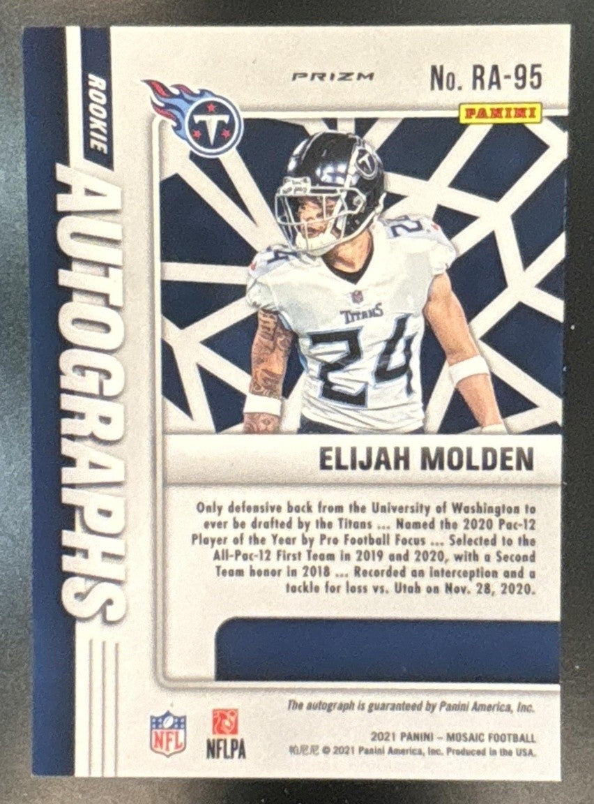 2021 Panini Mosaic Elijah Molden Rookie Auto Mosaic #RA-95 RC Tennessee Titans