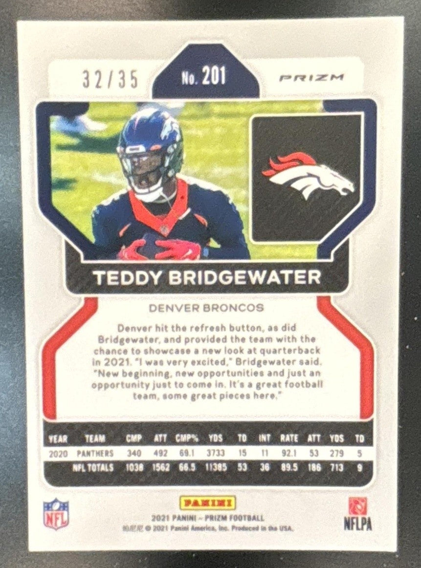2021 Panini Prizm Teddy Bridgewater Red Shimmer /35 #201 Denver Broncos