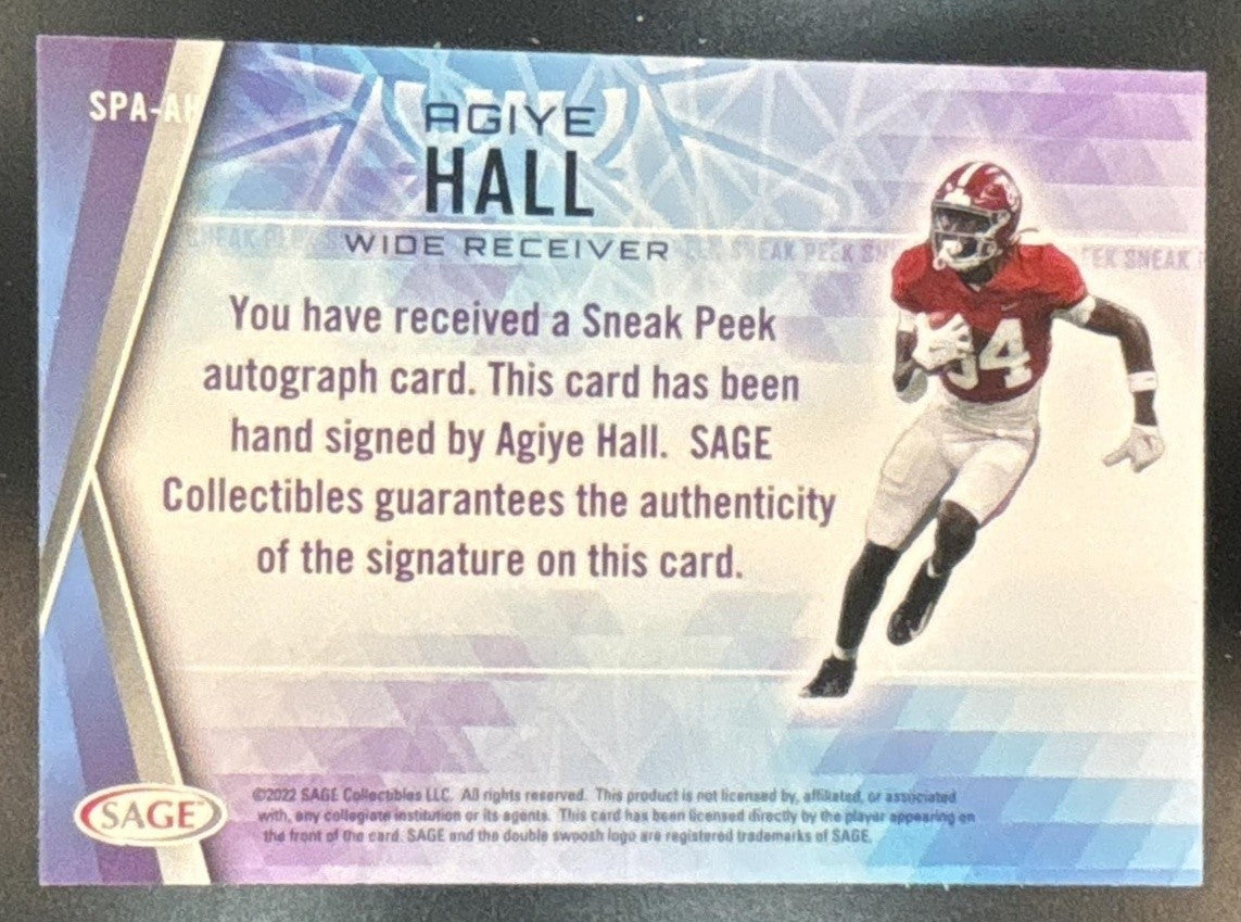 2022 SAGE Agiye Hall Sneak Peek Auto Green #SPA-AH Alabama Crimson Tide