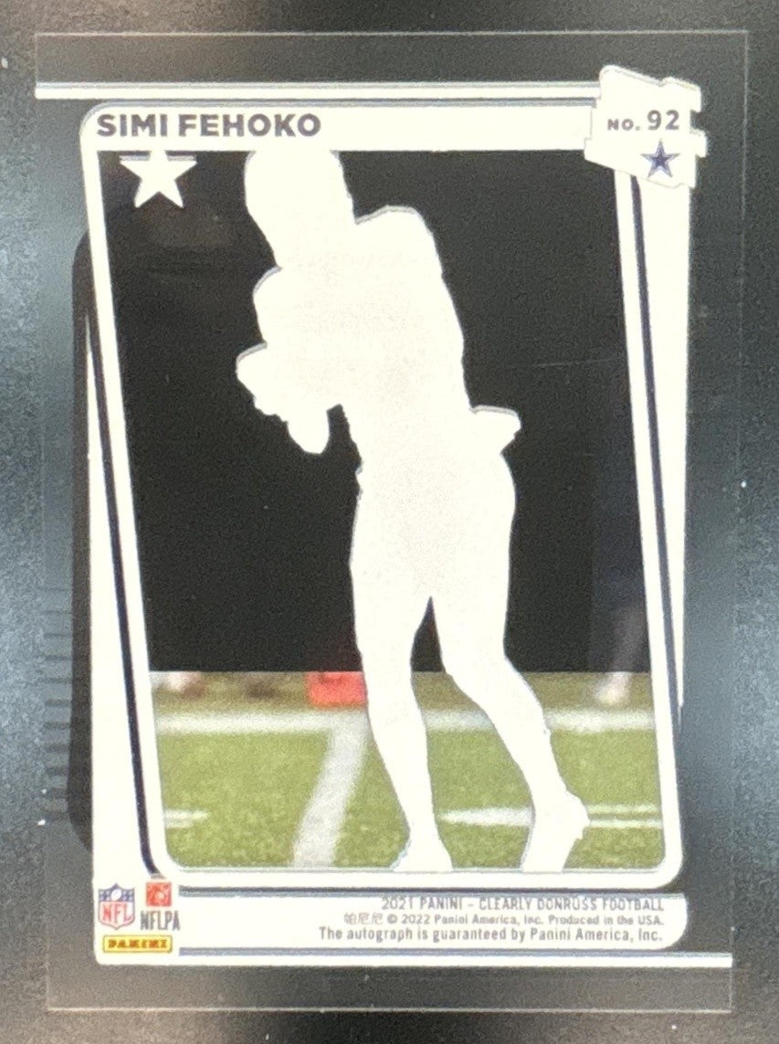 2021 Panini Clearly Donruss Simi Fehoko Rated Rookie Auto #92 RC Dallas Cowboys