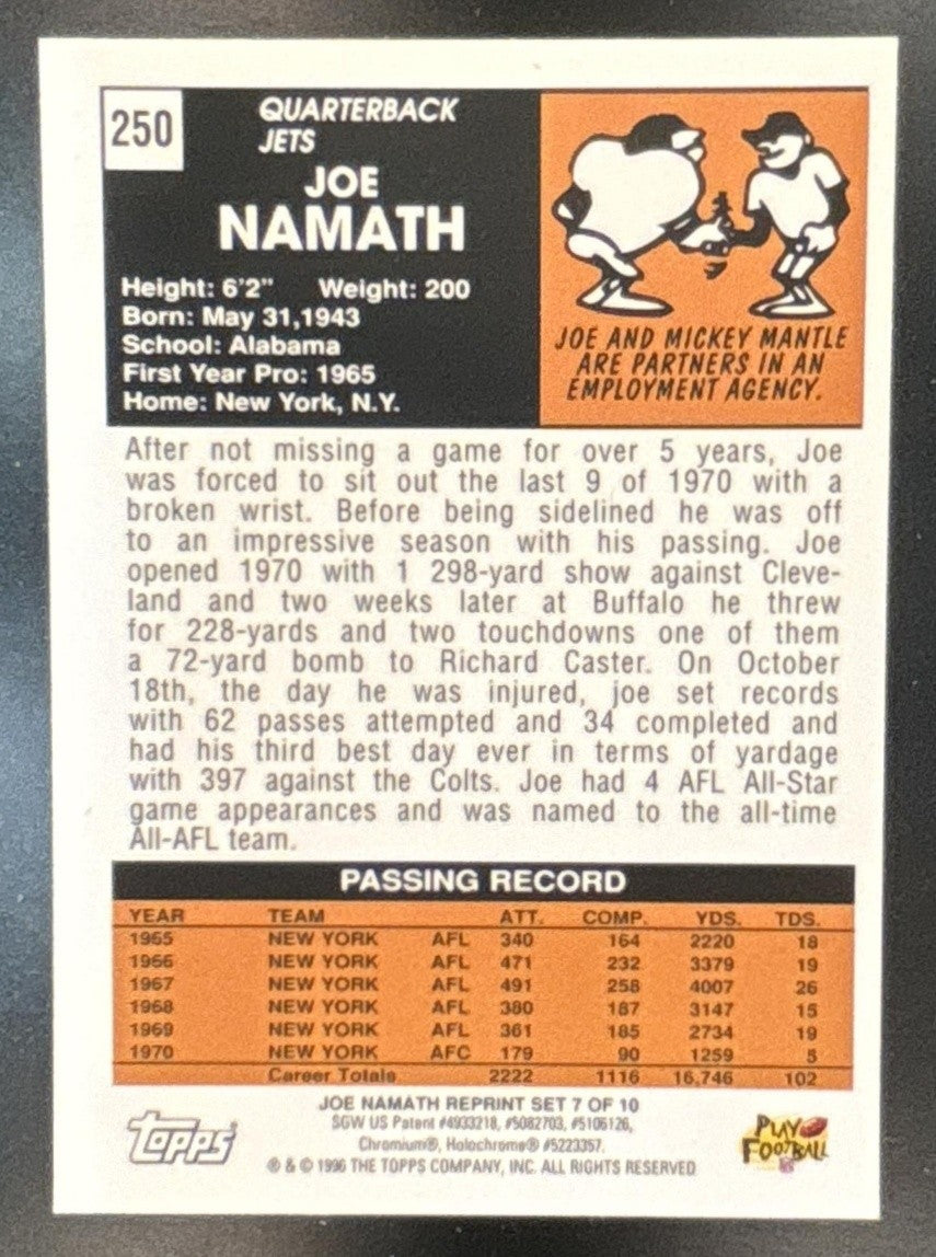 1996 Topps Chrome Joe Namath Reprint #250 New York Jets