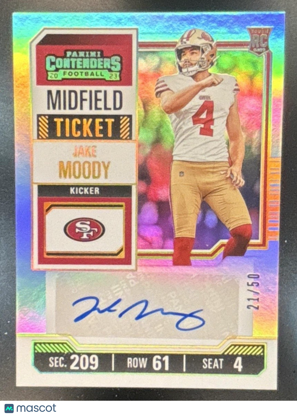 2023 Panini Contenders Jake Moody Midfield Ticket /50 #200 Auto RC 49ers