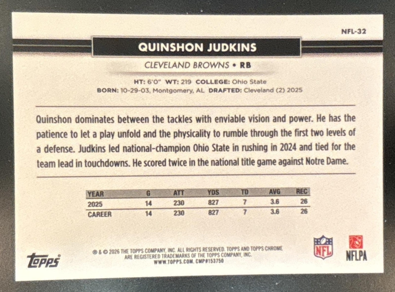 2026 Topps NSCC Collection Quinshon Judkins NFL Orange Refractor /25 #NFL-32