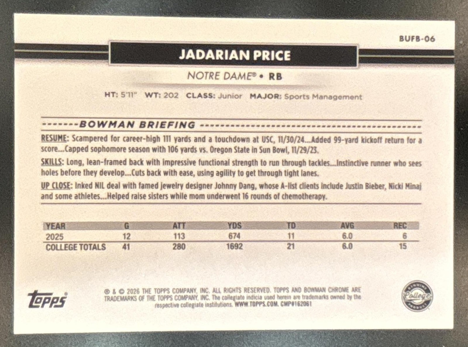 2026 Topps NSCC Collection Jadarian Price Bowman U Chrome Red Refractor 5/5