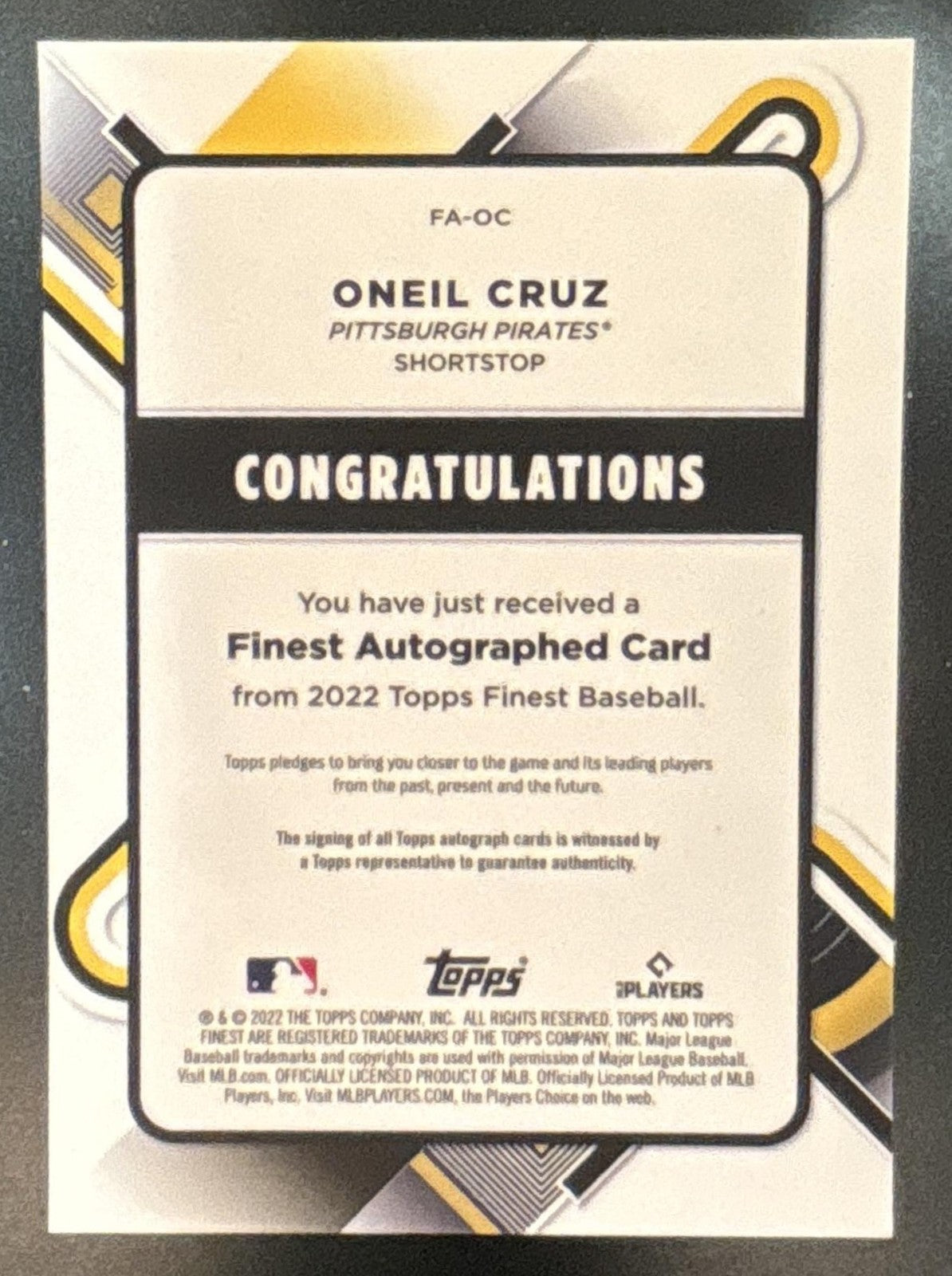2022 Topps Finest Oneil Cruz Auto Green Refractor /99 RC Pittsburgh Pirates