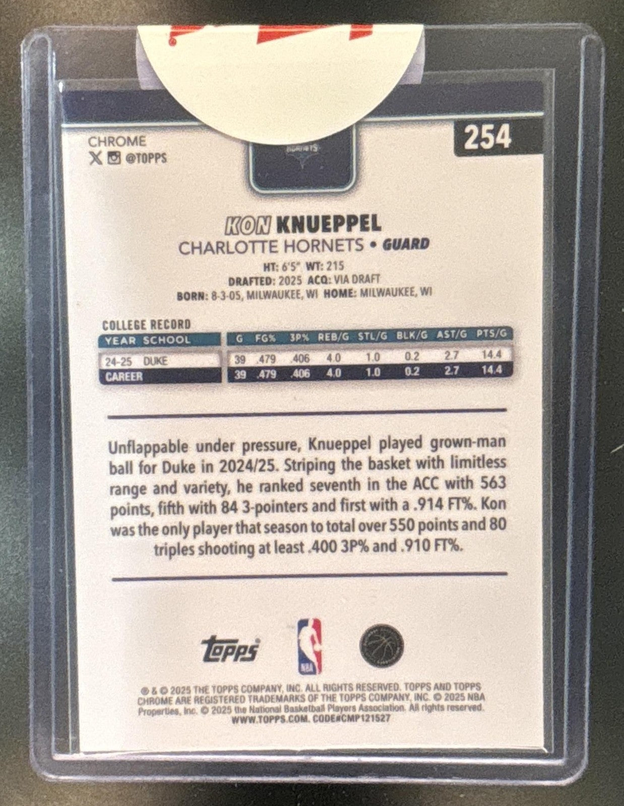2025-26 Topps Chrome Kon Knueppel Blue X-Fractor #254 RC Charlotte Hornets
