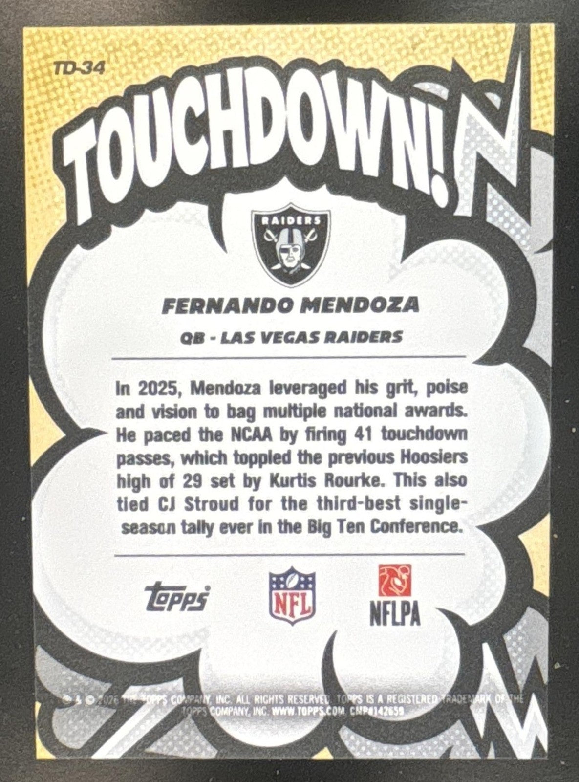 2026 Topps Fernando Mendoza Touchdown #TD-34 SP RC Las Vegas Raiders