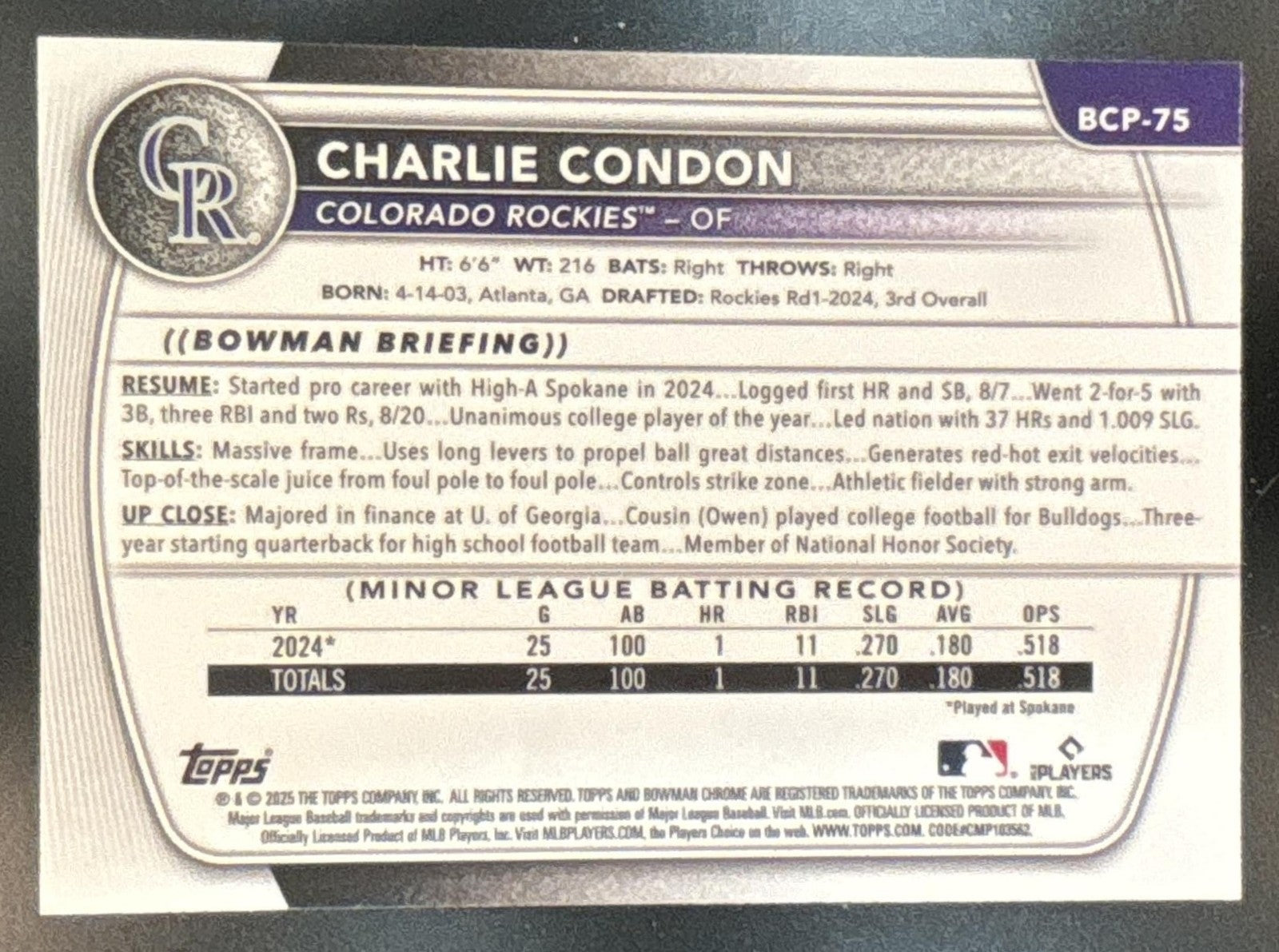 2025 Bowman Charlie Condon Chrome Mega Box Pink /199 BCP-75 1st Prospect Rockies