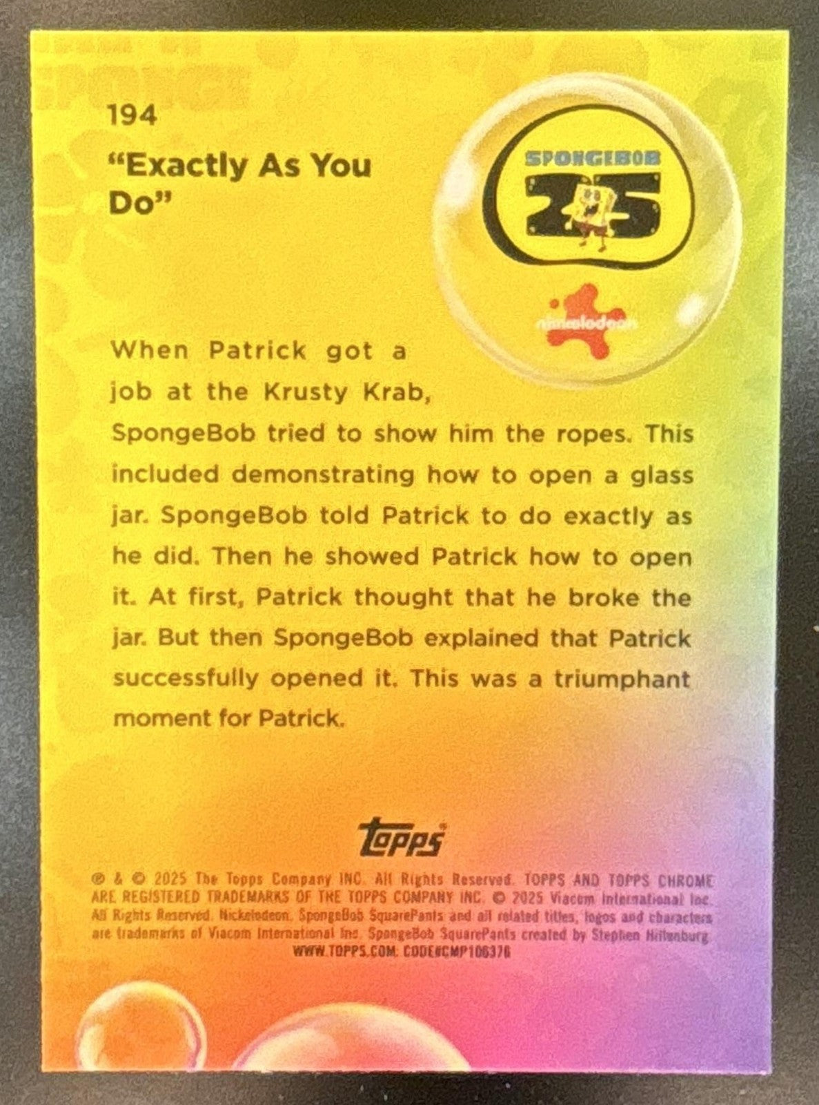 2025 Topps Chrome Sapphire SpongeBob Sapphire Exactly As You Do Green /99 #194