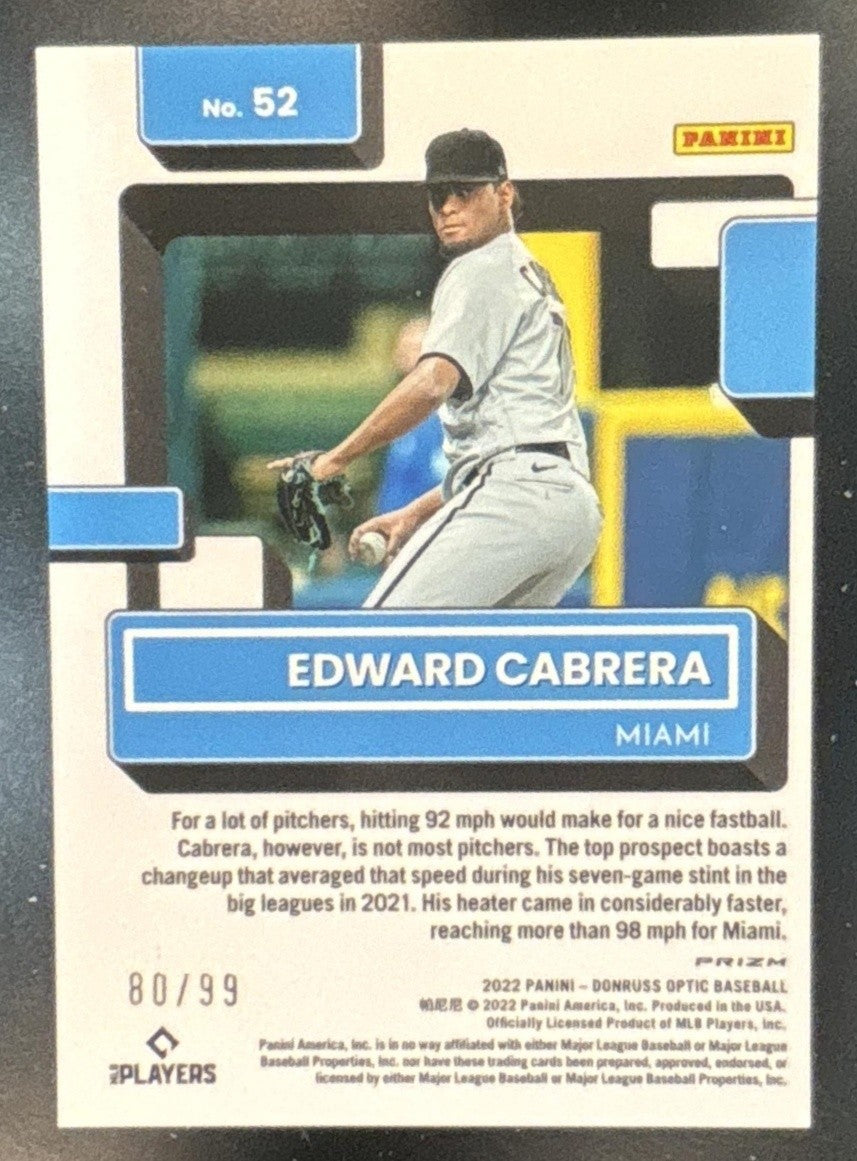 2022 Panini Donruss Optic Edward Cabrera Green Dragon /99 #52 RC Miami Marlins