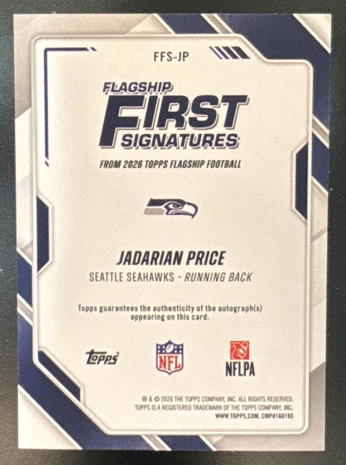 2026 Topps Jadarian Price First Signatures #FFS-JP RC Auto Seattle Seahawks