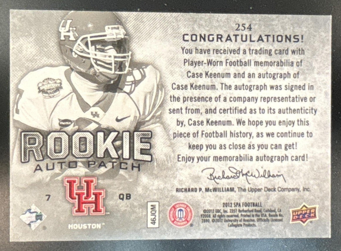 2012 SP Authentic Case Keenum /885 #254 RC Patch MEM Auto