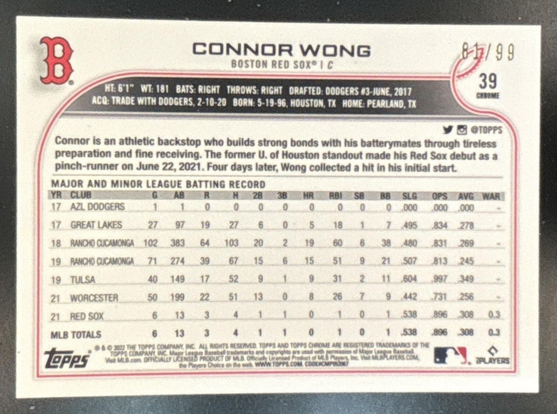 2022 Topps Chrome Sonic Connor Wong Green Pulse /99 #39 RC Boston Red Sox
