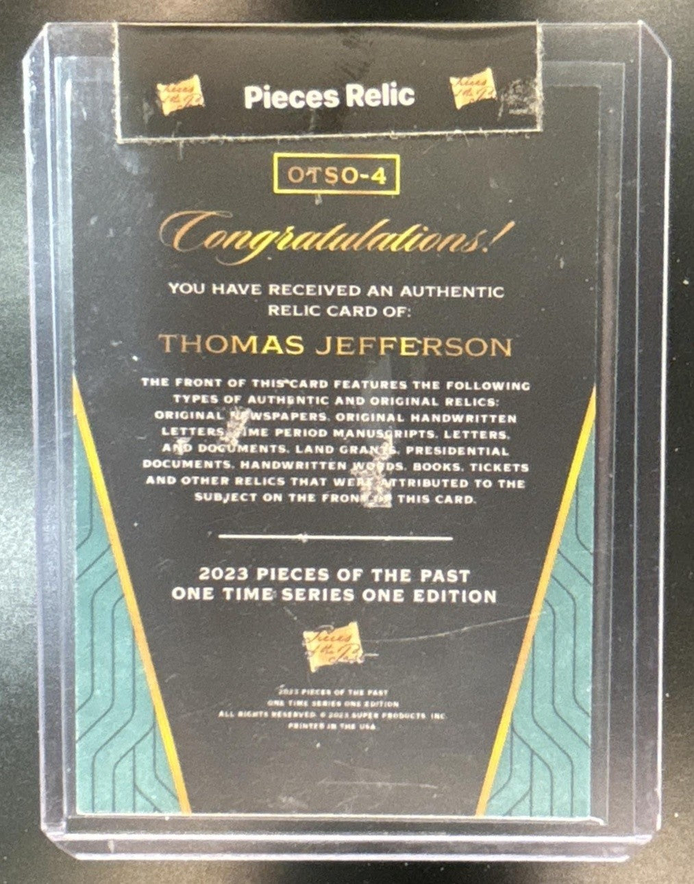 2023 Pieces of the Past Newspaper Relicc #OTSO-4 Thomas Jefferson US President