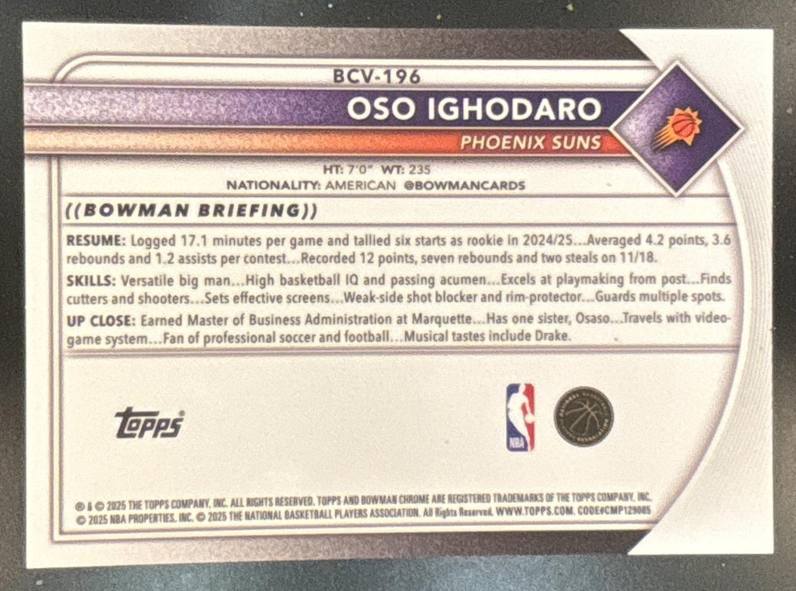 2025-26 Bowman Oso Ighodaro Chrome Black Mojo Refractor /10 #BCV-196 Suns