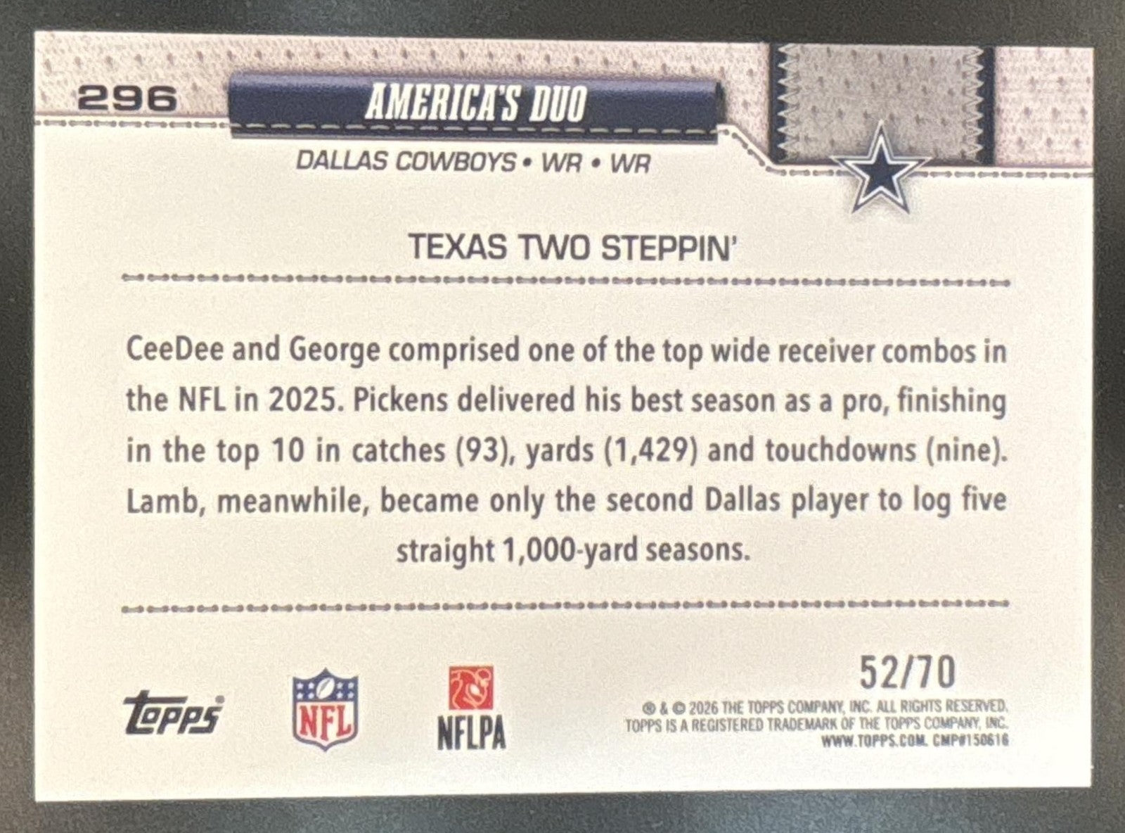 2026 Topps America's Duo Black /70 #296 Combo Card Dallas Cowboys
